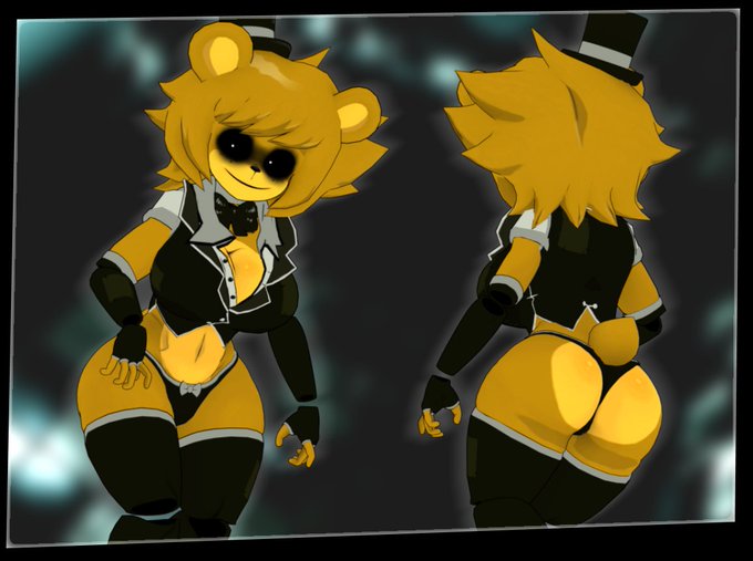 1girls, 3d, 3d (artwork), animatronic, ass, back view, bear, bear ears, bear tail, belly button, big ass, big breasts, black armwear, black bowtie, black eyes, black legwear, black nose, black panties, blurry background, boob window, bowtie, breasts, cally3d, clazzey, clothed, creepy, cryptiacurves, dark background, dark eyes, fazclaire's nightclub, female, five nights at freddy's, fnaf, freddy (fnaf), fredina (cally3d), fredina's nightclub, frenni (cryptia), frenni fazclaire, front view, furry, genderswap, golden freddy, golden freddy (fnaf), golden fredina (cally3d), hat, looking at viewer, messy, orange body, orange hair, robot, robot girl, rule 63, scottgames, smile, smiling at viewer, snout, solo, solo female, suit, tail, thick thighs, thighhighs, thighs, top hat, type 0, white pupils, yellow body