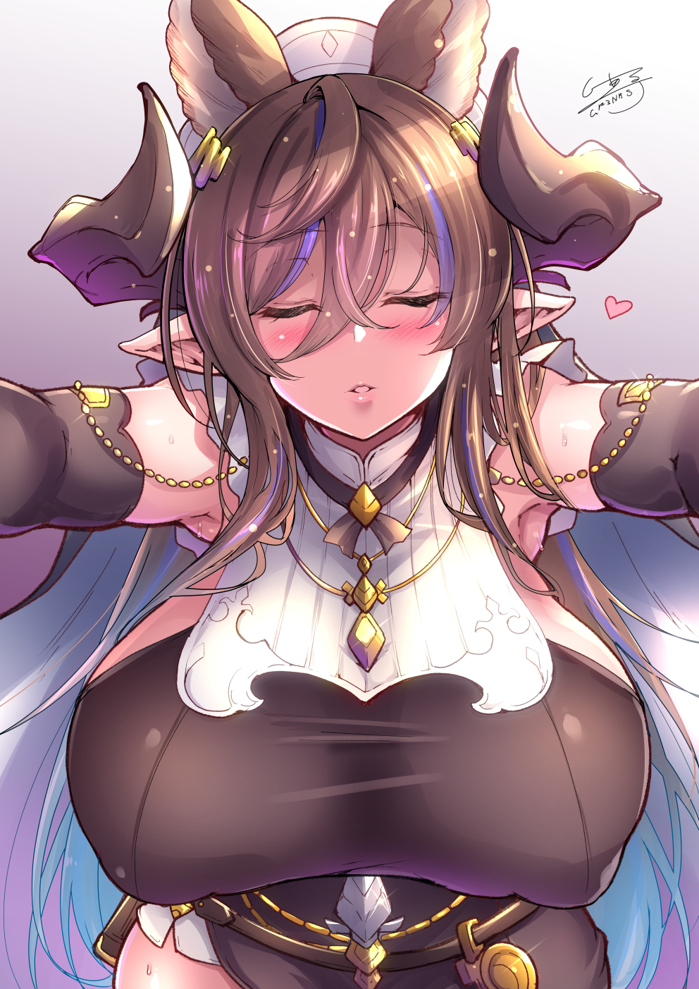 animal_ears bangs blush breasts c.r. closed_eyes covered_nipples detached_sleeves extra_ears female frills galleon_(granblue_fantasy) granblue_fantasy horns huge_breasts incoming_kiss love multicolored_hair parted_lips pointy_ears pov_kiss solo streaked_hair sweat taut_clothes