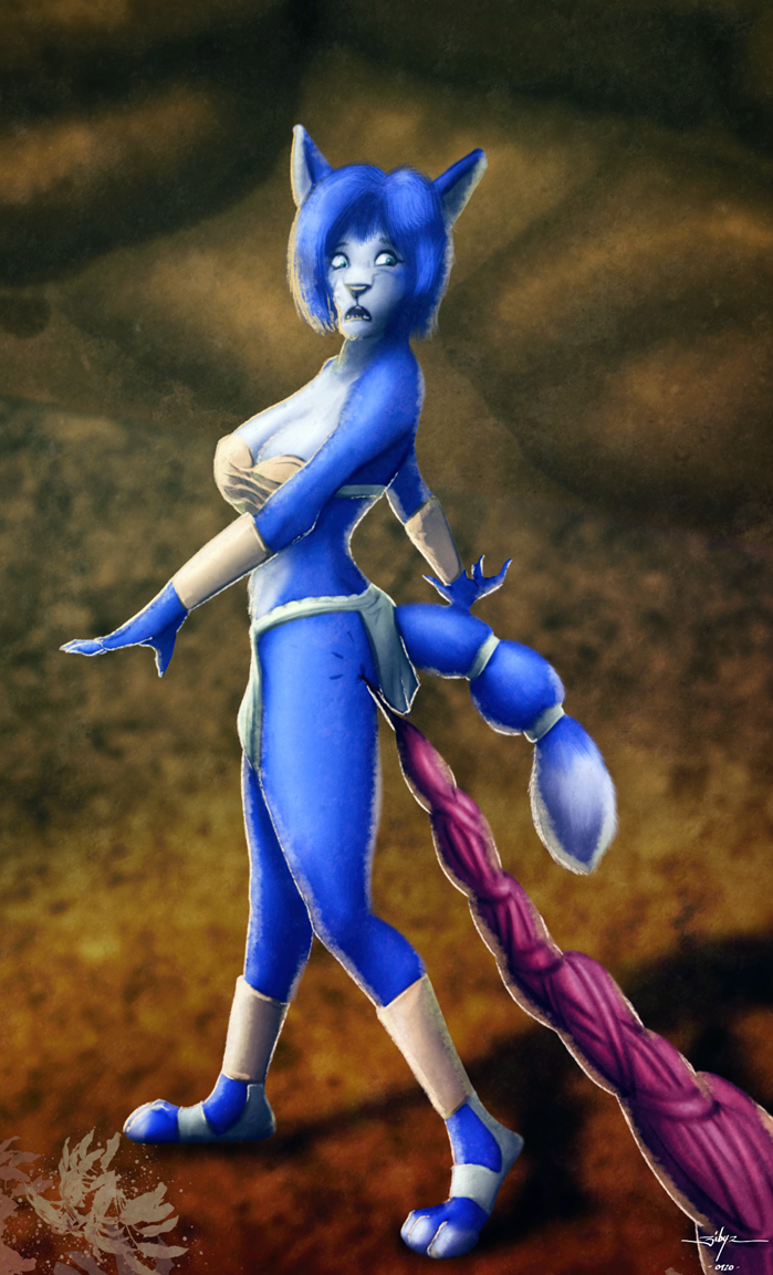 anthro ass blue_fur bra breasts cleavage fangs female fox_ears fox_girl furry injection krystal loincloth pre-transformation star_fox tail transformation xylem