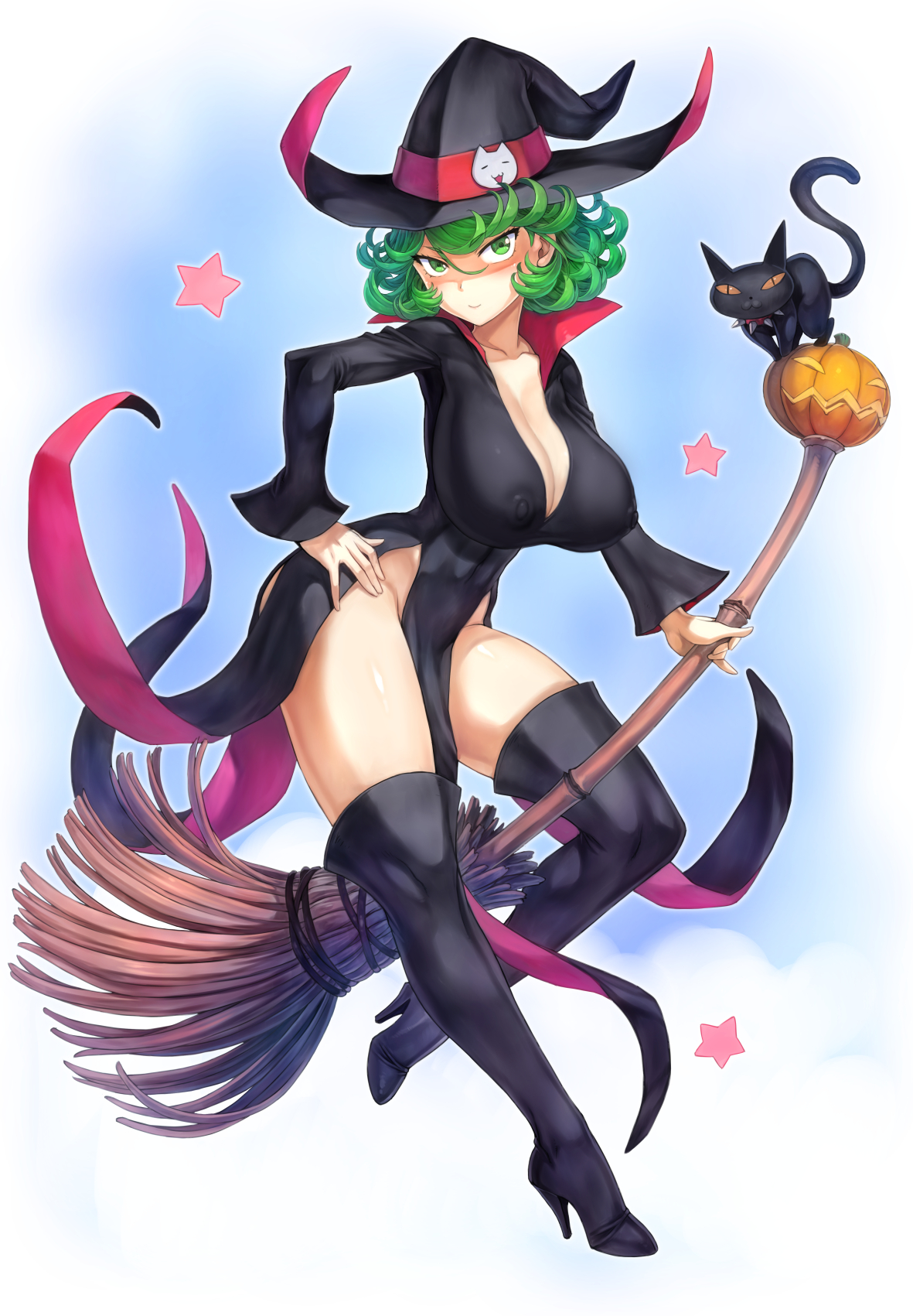 1girls, alternate breast size, alternate costume, alternate version available, breasts, broom, female, female only, green eyes, green hair, halloween, medium breasts, mogudan, nipples, nipples visible through clothing, one-punch man, short hair, smile, solo, tatsumaki, thick thighs, thighs, witch, witch costume, witch hat
