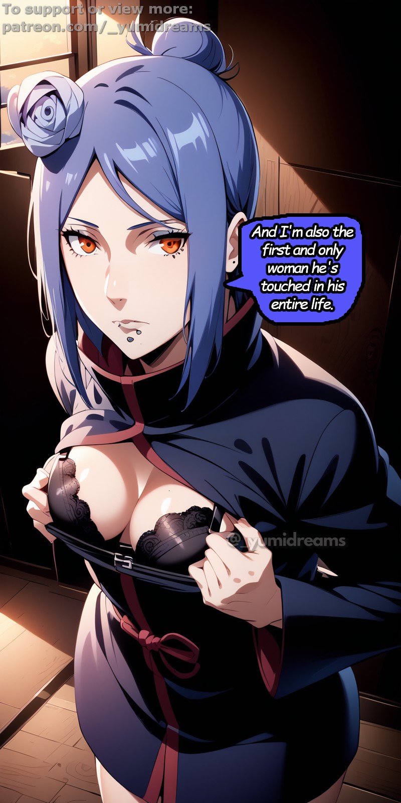 1girl _yumidreams ai_generated akatsuki_(naruto) bangs blue_hair bra cleavage cloak english_text female hair_bun indoors konan lip_piercing looking_at_viewer medium_breasts medium_hair naruto naruto_(series) naruto_shippuden neckline orange_eyes patreon_username piercing shirt_pull shueisha speech speech_bubble