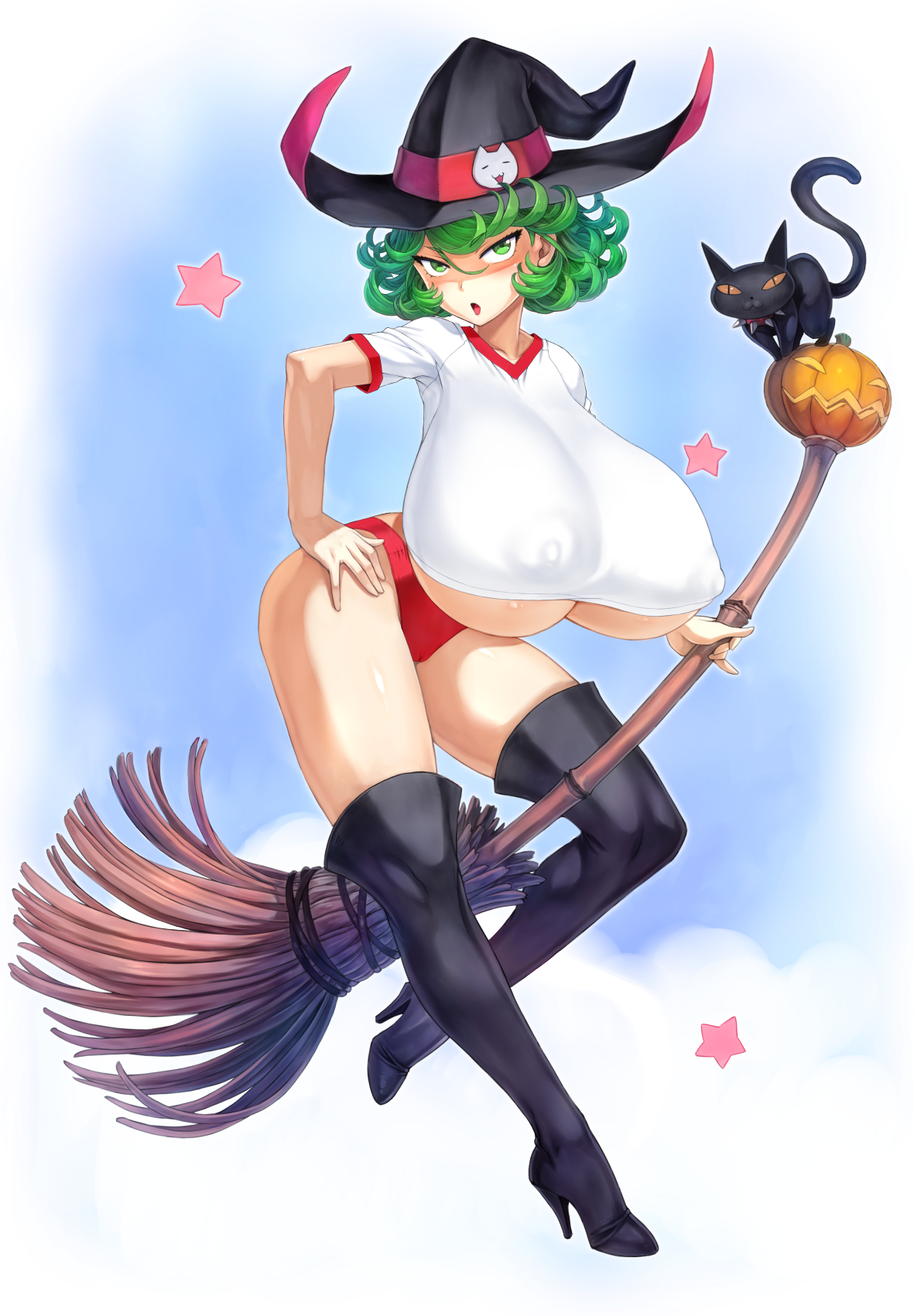 1girls, alternate breast size, alternate costume, alternate version available, big breasts, bloomers, breasts, broom, buruma, female, female only, full body, gigantic breasts, green eyes, green hair, gym uniform, huge breasts, mogudan, nipples, nipples visible through clothing, one-punch man, open mouth, short hair, solo, tagme, tatsumaki, thick thighs, thighs, underboob, white shirt, witch hat
