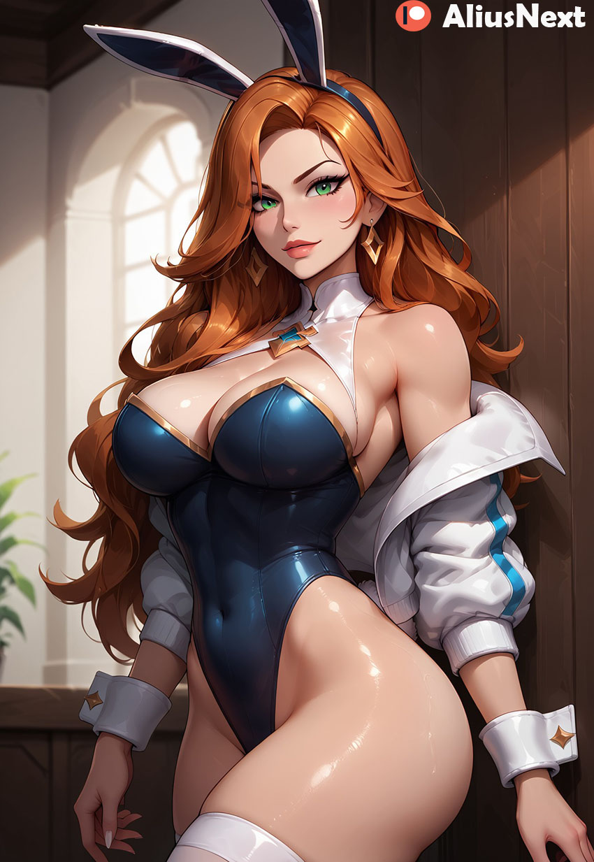 1girls ai_generated aliusnext battle_bunny_miss_fortune bunny_ears bunnysuit female high_quality high_resolution highres league_of_legends league_of_legends:_wild_rift mature_female miss_fortune patreon red_hair redhair tagme