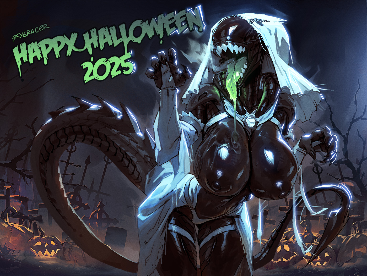 1girls, 2d, alien, alien (franchise), alien girl, big breasts, breasts, female, female only, female xenomorph, halloween, nipples, sharp teeth, skygracer, solo, solo female, wedding attire, xenomorph, xenomorph tail