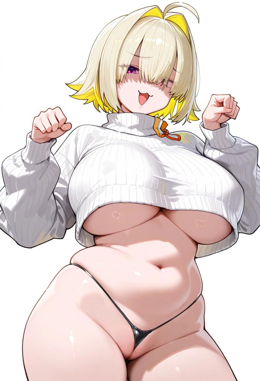 :3, 1girls, 2025, ai generated, belly, black string bikini, black thong, blonde hair, breasts, cat pose, civitai, elegg (nikke), female, goddess of victory: nikke, highleg, highleg thong, huge breasts, navel, no bra, nude, nude female, open mouth, partially visible vulva, peace sign, purple eyes, pussy, simple background, solo, string, suchabot, sweater, thick thighs, thighs, thong, top, topwear, v, v sign, white background, white sweater, white top, white topwear, wide hips