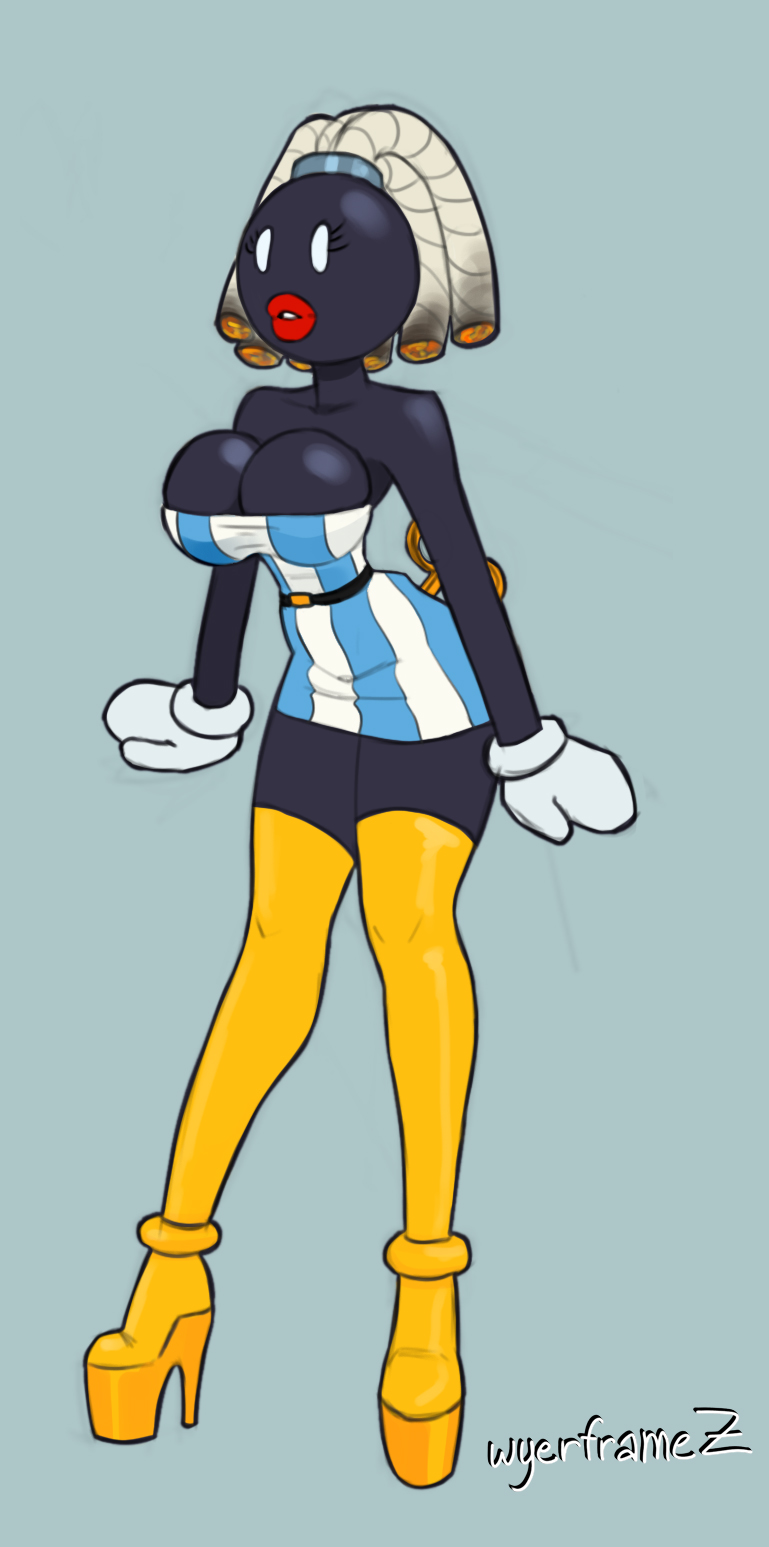 1girls, anthro, bimbo, bob-omb, breasts, cleavage, clothing, dress, female, female only, high heels, large breasts, lipstick, mario (series), nintendo, personification, platform heels, red lipstick, short dress, simple background, solo, thick lips, thick thighs, thighhighs, tight clothing, wide hips, wyerframez