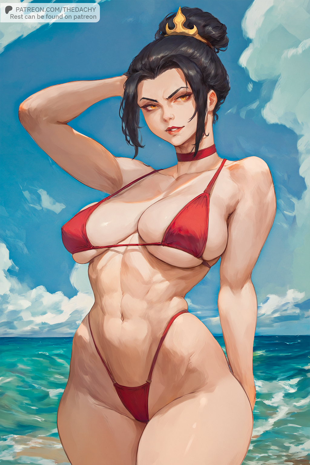 1girls abs ai_generated avatar_legends avatar_the_last_airbender azula bangs beach bikini bikini_bottom bikini_top black_hair blue_background blue_sky choker clothed clothed_female clothing cloud color colored confident curvy curvy_body curvy_female curvy_figure curvy_hips cutesexyrobutts_(style) female female_focus female_only fit fit_female golden_eyes hair_pin hair_ribbon hairclip hands_behind_head hi_res large_ass large_breasts nickelodeon nicktoons ocean patreon patreon_username pawg red_clothing red_lipstick round_ass short_hair sky slim_waist smile smiling smiling_at_viewer smirk string_bikini tagme thedachy thick_thighs thigh_highs toned toned_female water watermark wide_hips yellow_eyes