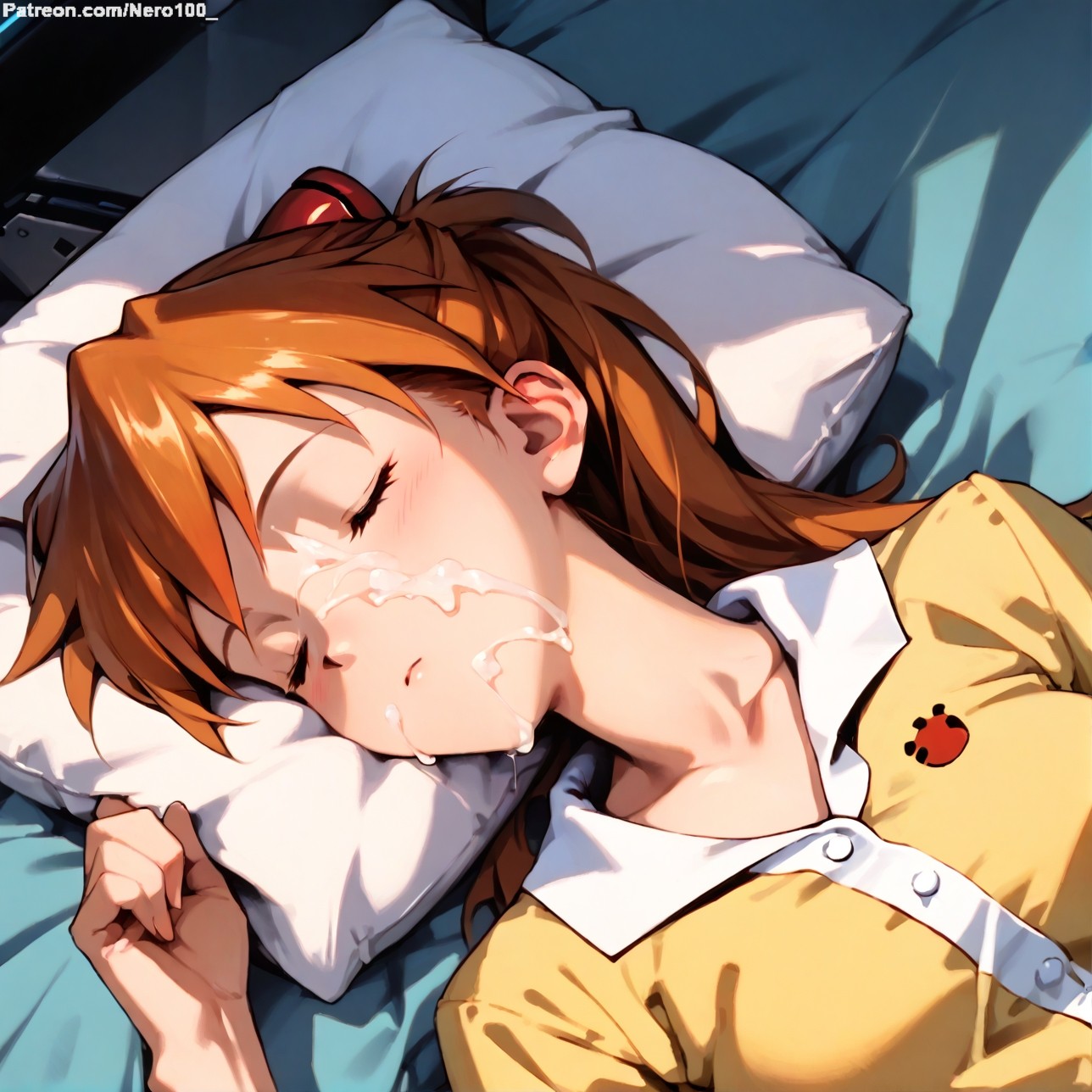 1girls, 2d, ai generated, areolae, armpit, asuka langley sohryu, bare arms, big breasts, blue eyes, breasts, chest, cum, cum in mouth, cum on face, curvy, curvy figure, cute, cute face, detailed, eyelashes, eyeshadow, face focus, female, female only, fit, fit female, focus, hair, high quality, large breasts, legs, light skin, light-skinned female, lips, lipstick, long hair, looking at viewer, makeup, mascara, neon genesis evangelion, nero100, orange hair, pajamas, pale skin, pale-skinned female, perky breasts, petite, petite body, petite female, posing, seductive, seductive look, skinny, skinny female, sleeping, stable diffusion, tagme, teenager, thighs, thin waist, twintails, young female