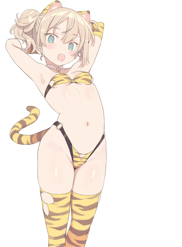 1girls animal_ear_fluff animal_ears animal_print animal_tail armpits arms_behind_head arms_up bangs bare_shoulders bell bikini blade_(lovewn) blue_eyes blush breasts brown_hair chinese_zodiac clothing eyebrows_visible_through_hair female hair_between_eyes jingle_bell looking_at_viewer neck_bell oerba_yun_fang open_mouth original print_bikini print_legwear print_swimsuit simple_background small_breasts solo striped swimsuit tail thighhighs tied_hair tiger_ears tiger_girl tiger_print tiger_tail twintails white_background year_of_the_tiger yellow_bikini yellow_swimsuit