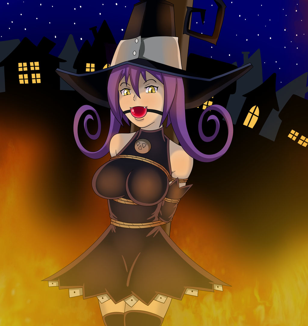 blair_(soul_eater) bondage fire fullmetalpanicattack gag gagged looking_at_viewer purple_hair soul_eater tied_to_pole witch_hat yellow_eyes