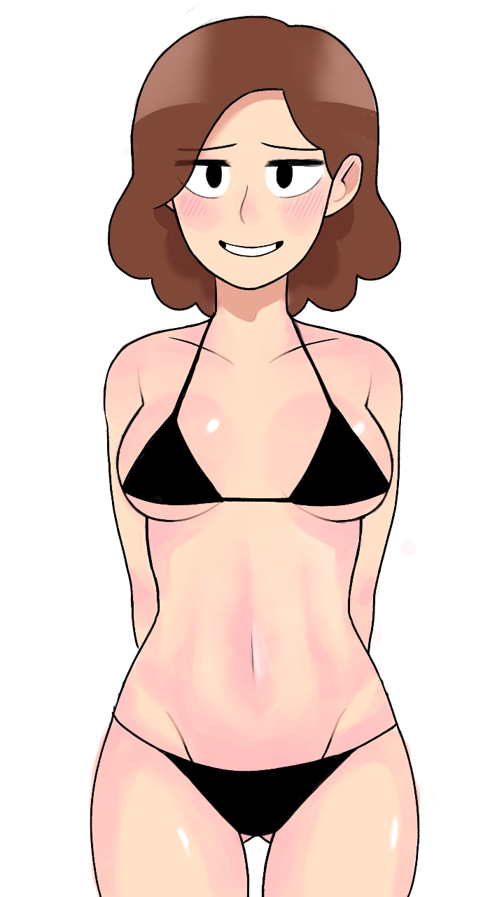 belly button, big breasts, bikini, bikini bottom, bikini top, black bikini, blush, breasts, dialogue, female, female only, hand on hip, heart, hilda (series), johanna (hilda), looking at viewer, malin o'jinger, nervous, nervous smile, netflix, short hair, sweating, swimsuit, thighs