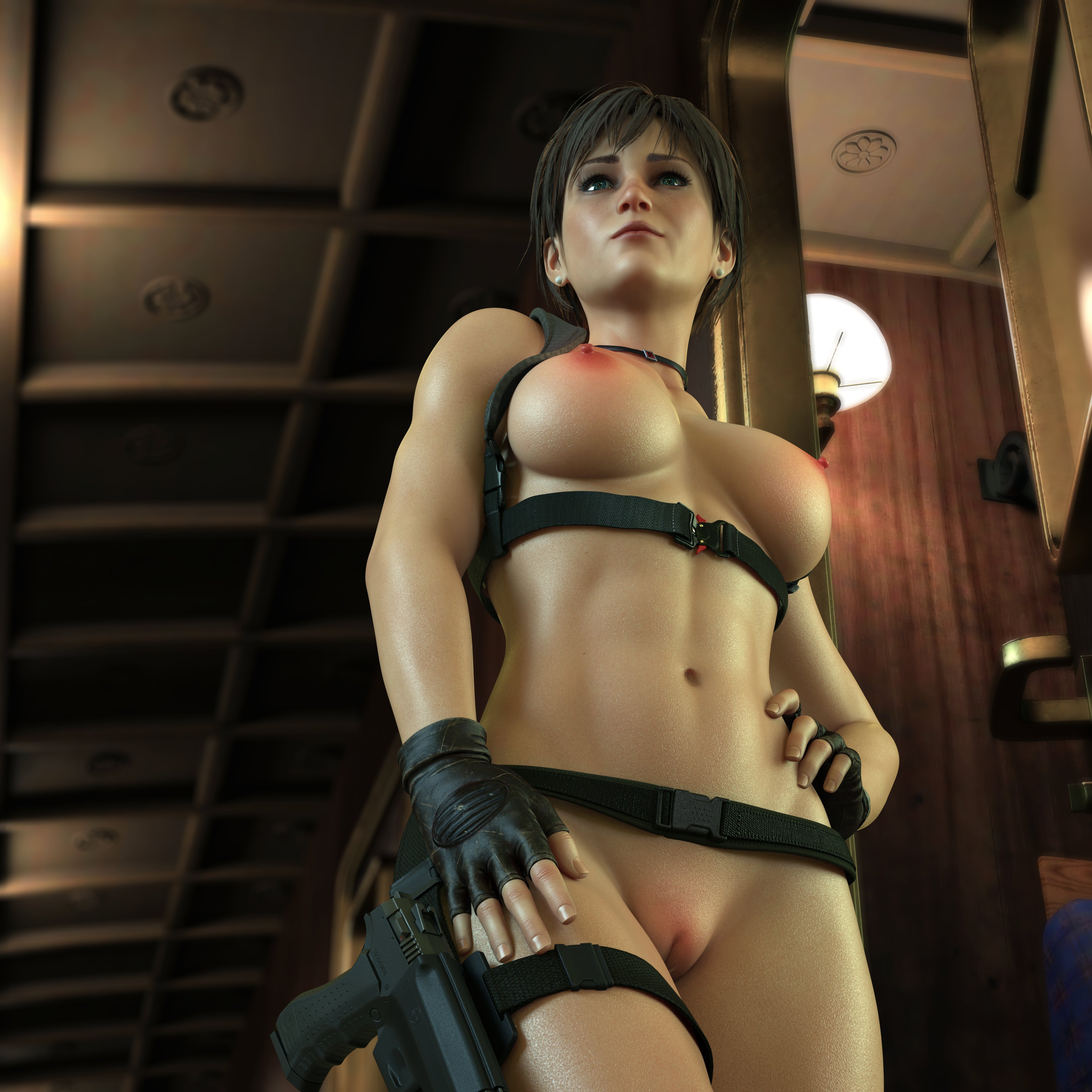 1girls, 3d, belt, big breasts, breasts, capcom, casual, female, female only, firearm, handgun, handwear, human, jinxie lizzy, legwear, nipples, pale skin, pussy, rebecca chambers, resident evil, short hair, solo, tactical nudity, tomboy, weapon