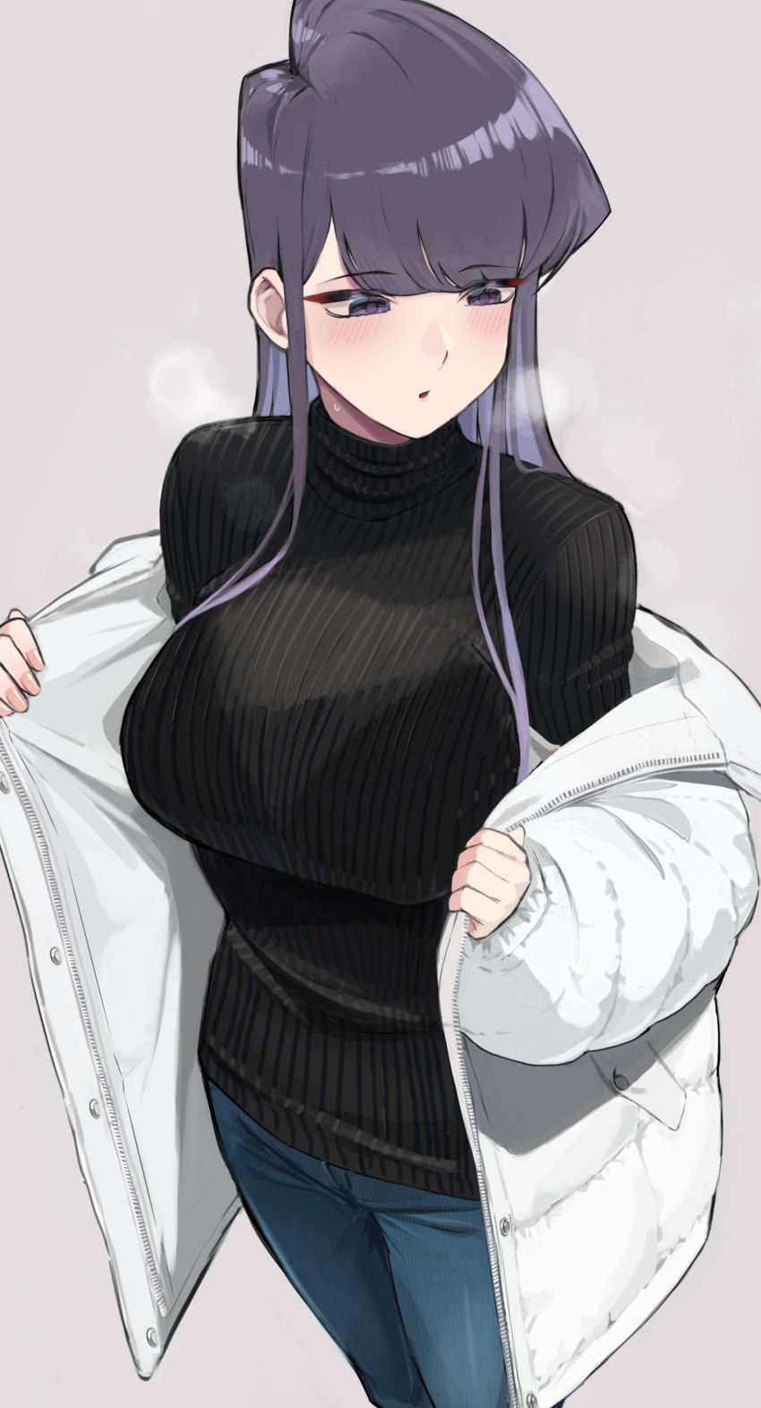 1girls, big breasts, blush, breasts, female, jacket, jeans, komi shouko, komi-san wa komyushou desu, large breasts, panting, purple hair, solo, sweater