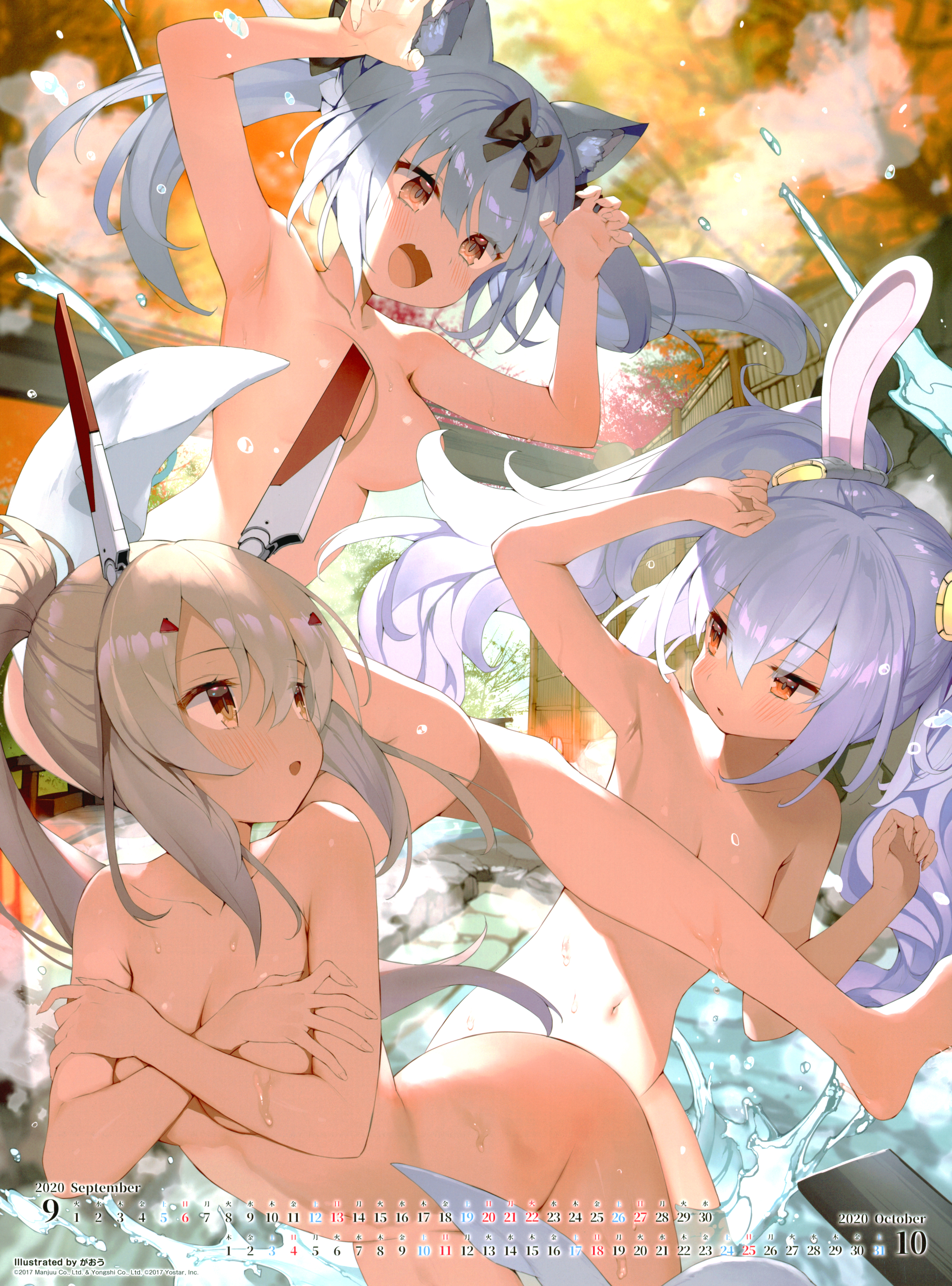 3girls, absurdres, animal ears, armpits, artist name, ayanami (azur lane), azur lane, bangs, bare shoulders, blurry, blurry background, blush, breasts, brown eyes, bunny ears, cat ears, collarbone, convenient censoring, covering, covering breasts, day, eyebrows visible through hair, fake animal ears, female, fingernails, gaou, hair ornament, highres, laffey (azur lane), long hair, mechanical ears, medium breasts, multiple females, multiple girls, navel, nude, oerba yun fang, outdoors, ponytail, rabbit ears, scan, shiny, shiny hair, shiny skin, simple background, skin fang, smile, steam, stomach, thighs, tied hair, twintails, water, water drop, yukikaze (azur lane)