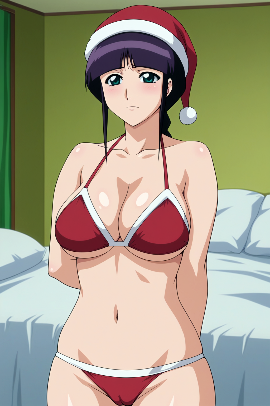 1girls ai_generated arms_behind_back big_breasts bikini bleach blush braid braided_ponytail busty cameltoe child_bearing_hips christmas cleavage female female_only green_eyes hi_res kurotsuchi_nemu large_breasts legs long_hair looking_at_viewer navel purple_hair red_bikini santa_hat short_hair solo thighs voluptuous