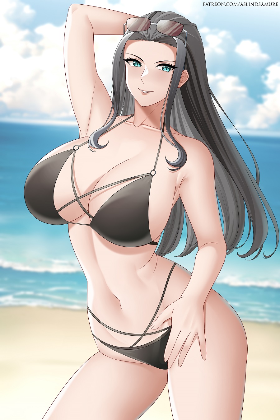 1girls alluring aslind_samure aslindsamure beach big_breasts bikini black_hair blue_eyes blue_sky cleavage female female_only nico_robin ocean one_piece pin_up posing solo