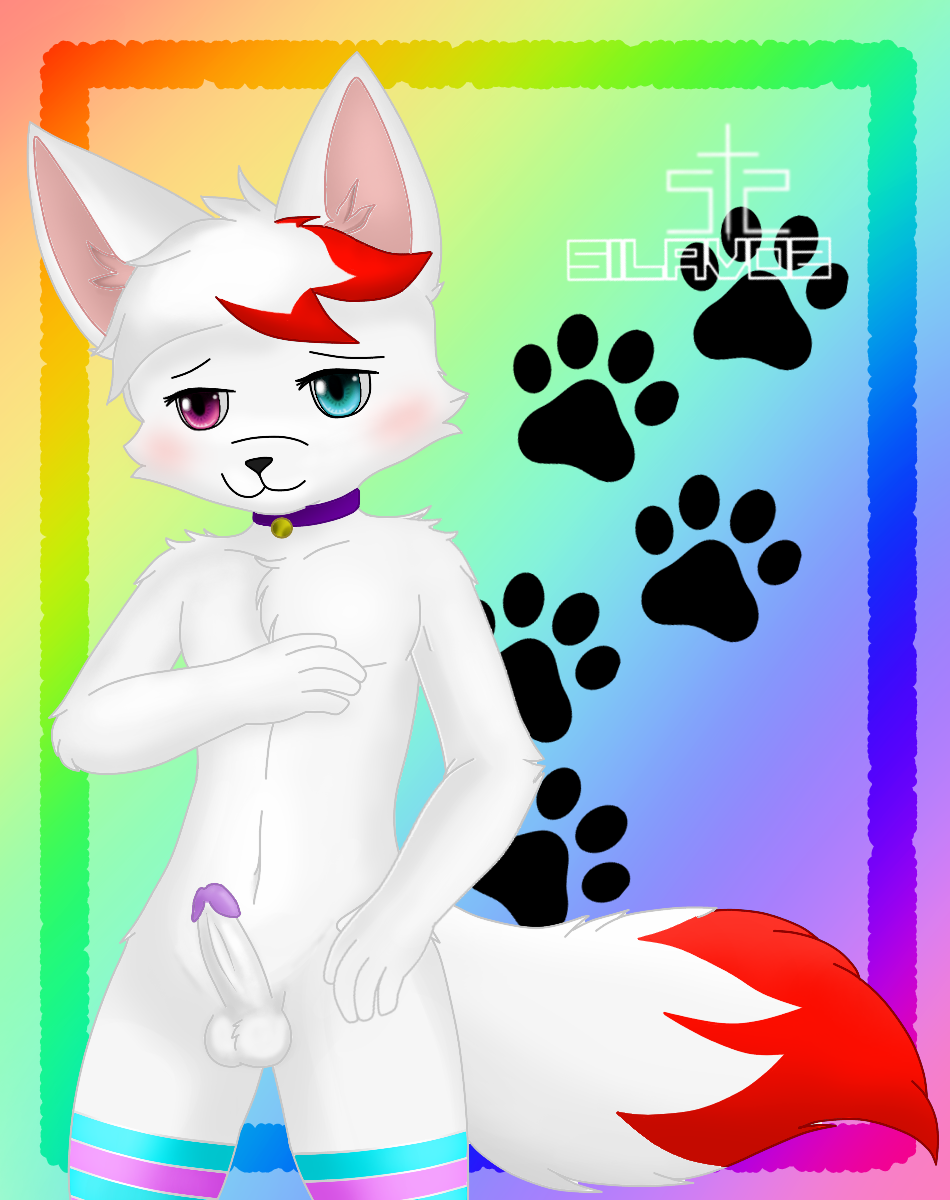 anthro balls blue_eyes blush boy_kisser_(meme) collar domestic_cat erection felid feline felis fur genitals hi_res male mammal meme navel nude penis pink_eyes rainbow_background red_body red_fur silavos silly_cat_(mauzymice) simple_background smile solo standing watermark white_body white_fur