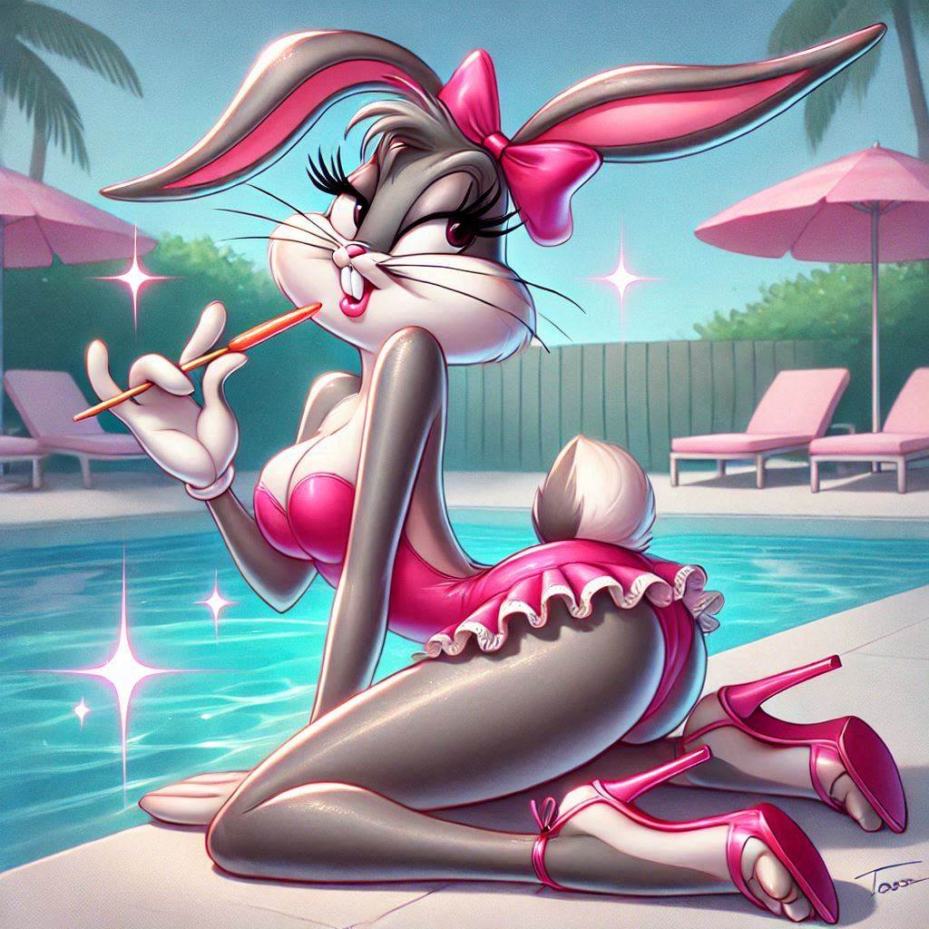 ai_generated bedroom_eyes bikini bugs_bunny crossdressing high_heels horny_female looney_tunes mtf_transformation poolside rule_63 seductive_look