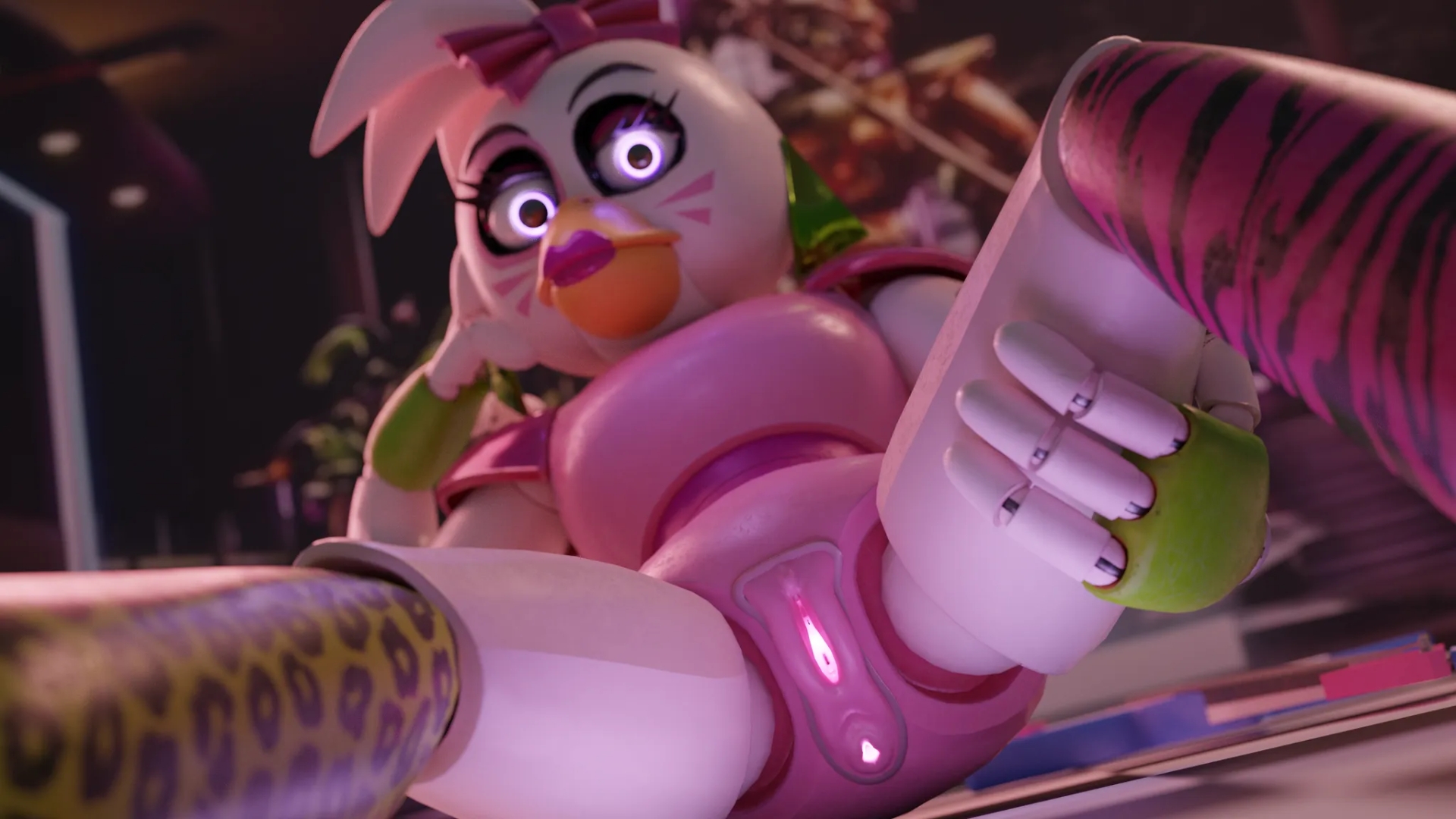 3d, 3d model, animatronic, anus, artist request, female, five nights at freddy's, five nights at freddy's: security breach, fnaf, glamrock chica (ashleyorange), glamrock chica (fnaf), glowing, glowing eyes, glowing genitalia, glowing pussy, pussy, pussy juice, robot, scottgames, solo, steel wool studios