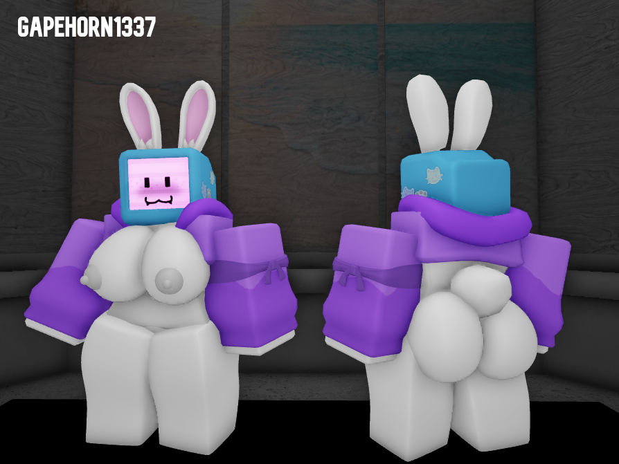 3d :3 artist_name blush blushing_at_viewer boobs_out breasts bunny bunny_ears bunny_tail computer_head elevator front_and_back gapehorn1337 happy melanie_(regretevator) new_design regretevator roblox roblox_game roblox_studio robloxian robot_girl screen screen_face self_upload tagme tv_head white_body