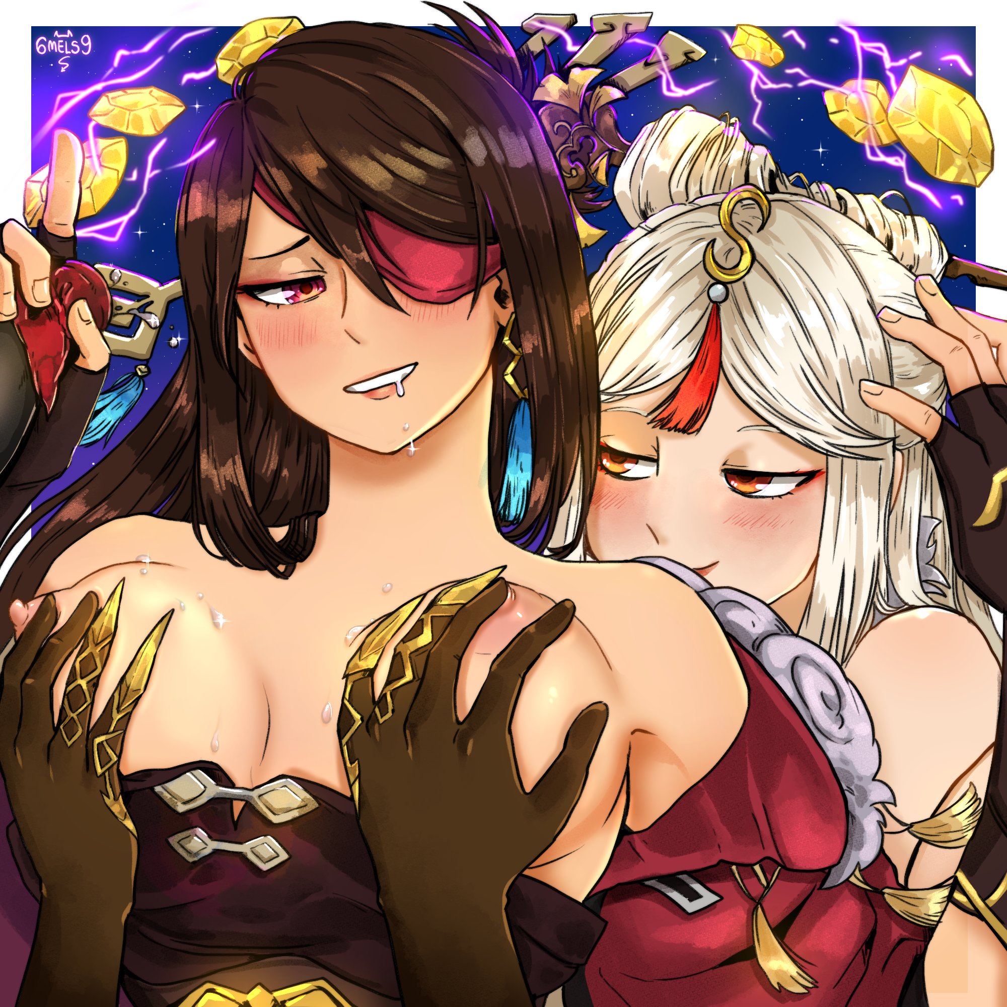 2021, 2girls, 6mels9, amber eyes, areolae, beidou (genshin impact), blush, breasts, breasts grab, breasts out, brown hair, drooling, eye patch, female, female only, from behind, genshin impact, grabbing from behind, hi res, long hair, looking at partner, looking back, multiple females, multiple girls, narrowed eyes, ningguang (genshin impact), nipples, red eyes, smiling, tied hair, upper body, white hair, yuri