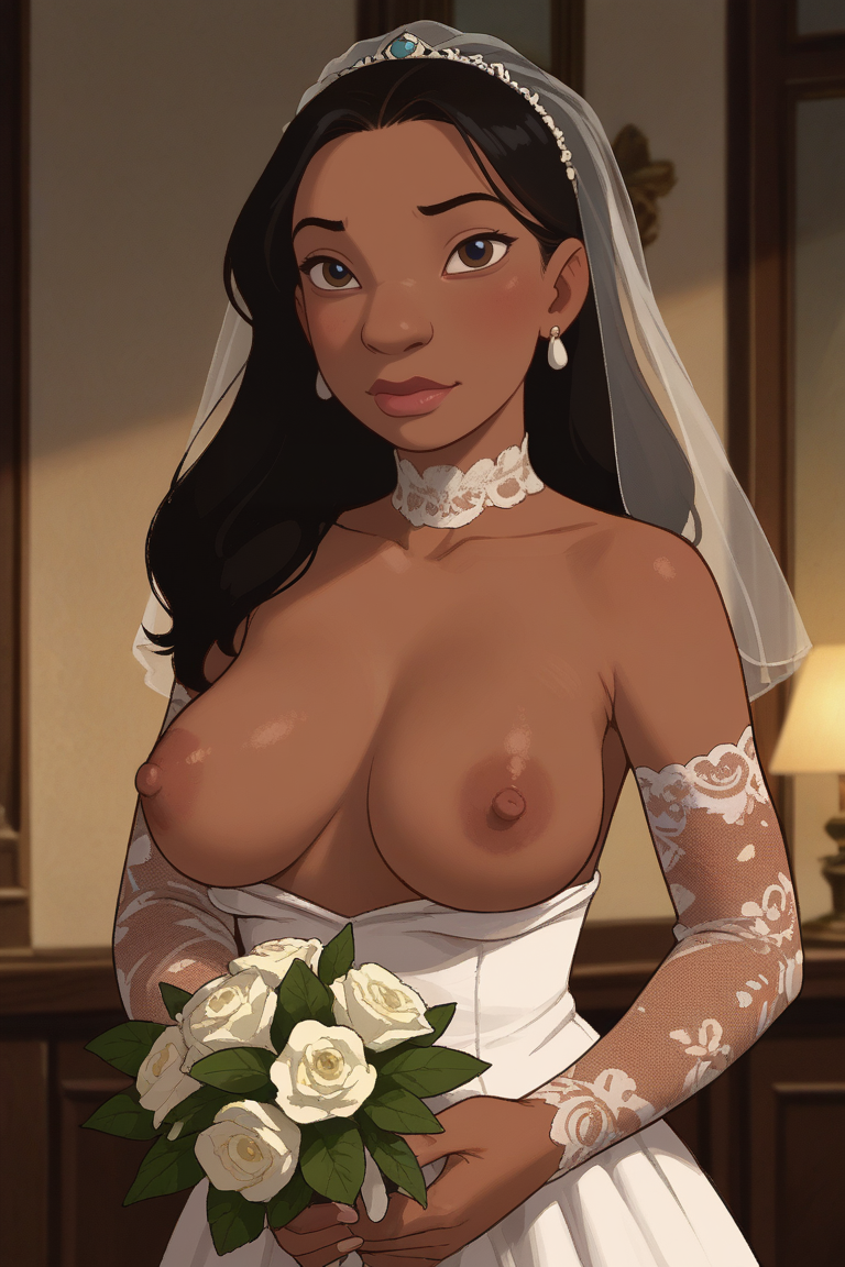 ai_generated bouquet bridal_bouquet bridal_tiara bridal_veil bride dark-skinned_female dark_skin disney exposed_breasts lilo_and_stitch nani_pelekai nipples tagme userisbad wedding_bouquet wedding_dress wedding_tiara wedding_veil