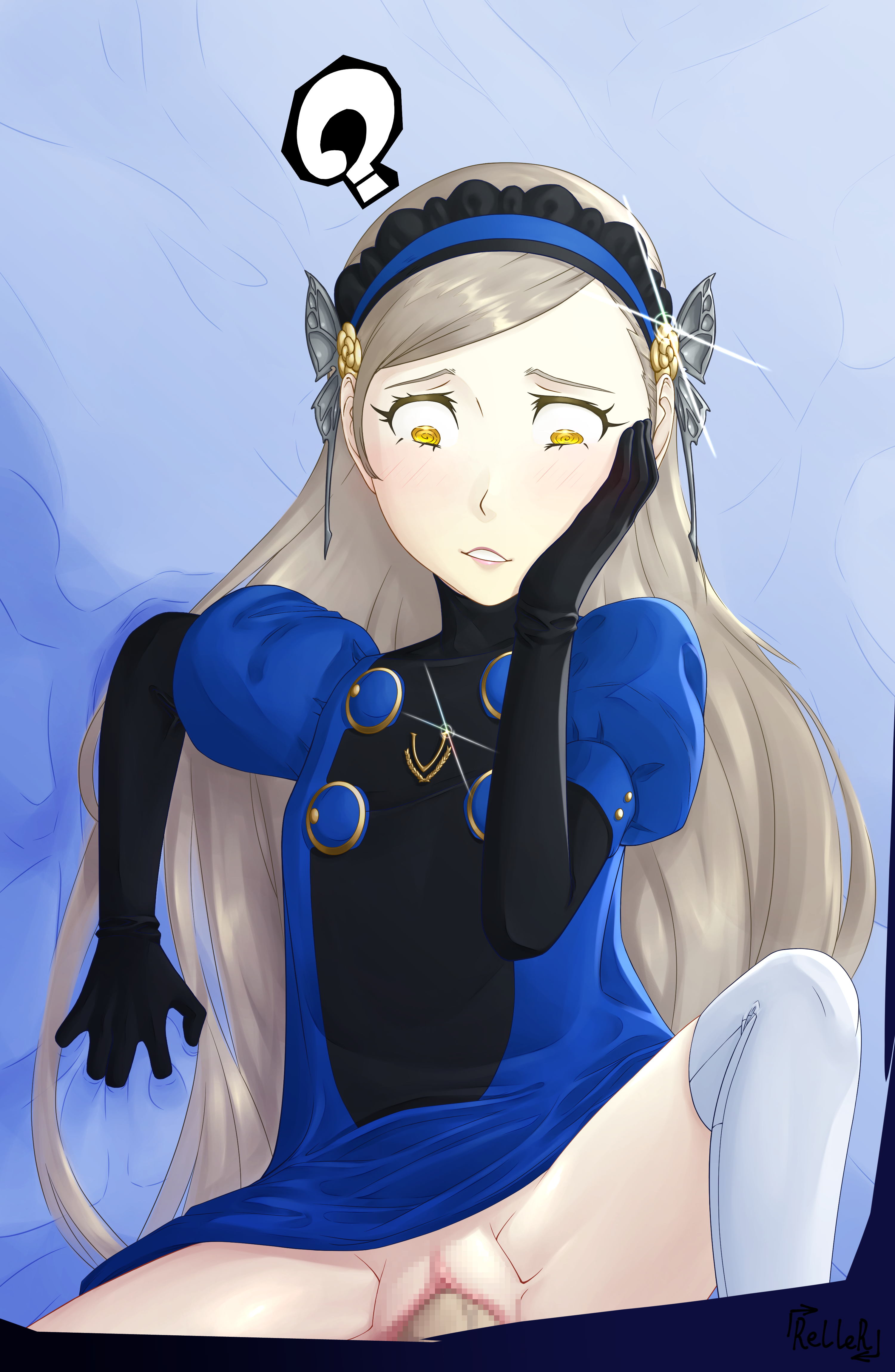 1girls, blonde hair, clothing, female, grabbing sheets, headband, human, lavenza, male, pale skin, partially clothed, penetration, persona, persona 5, pussy, rellertr, vaginal, yellow eyes