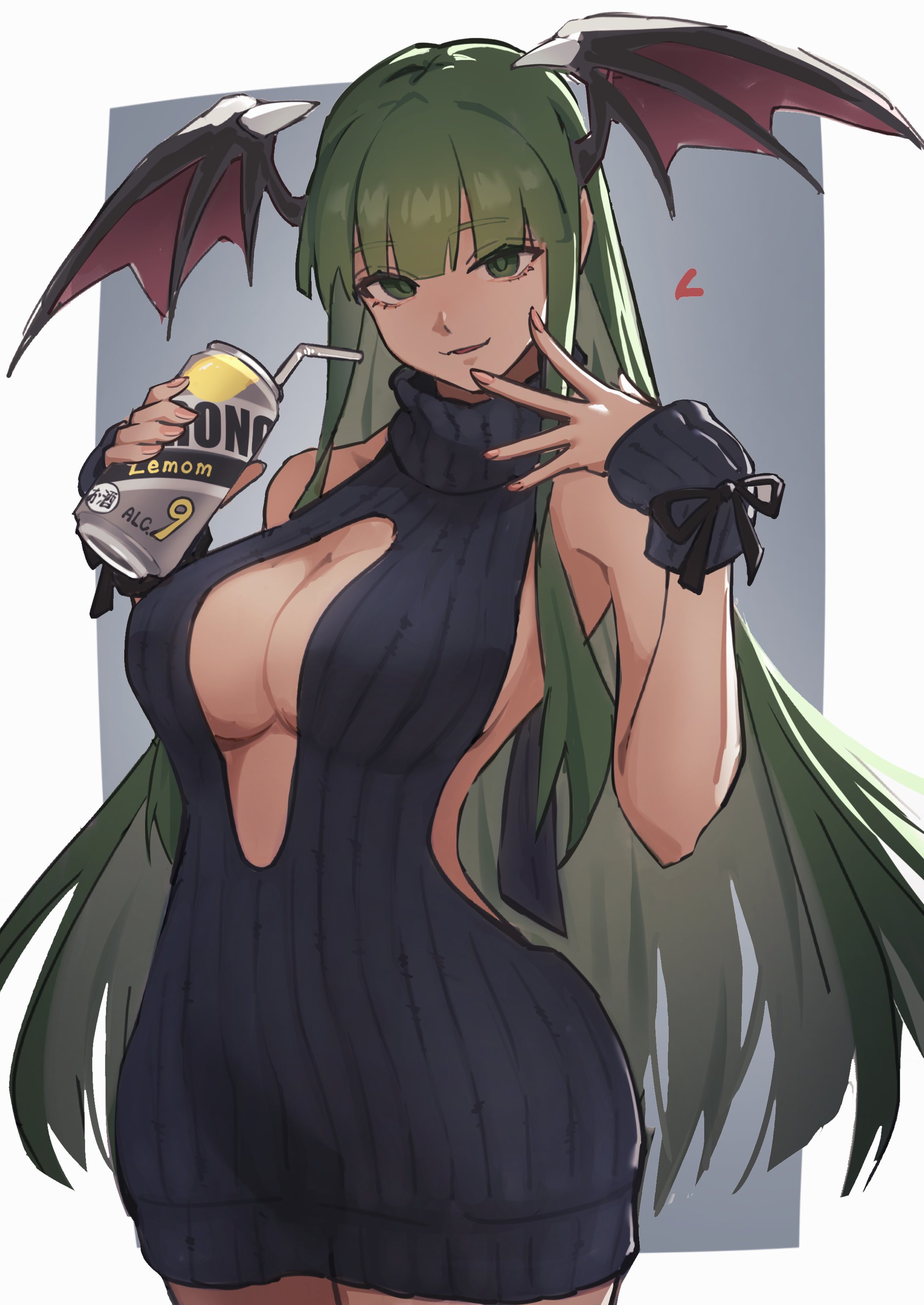 absurdres, ap cammy, breasts, cleavage, darkstalkers, female, green eyes, green hair, head wings, highres, long hair, looking at viewer, morrigan aensland, smile, solo, succubus, sweat, wings