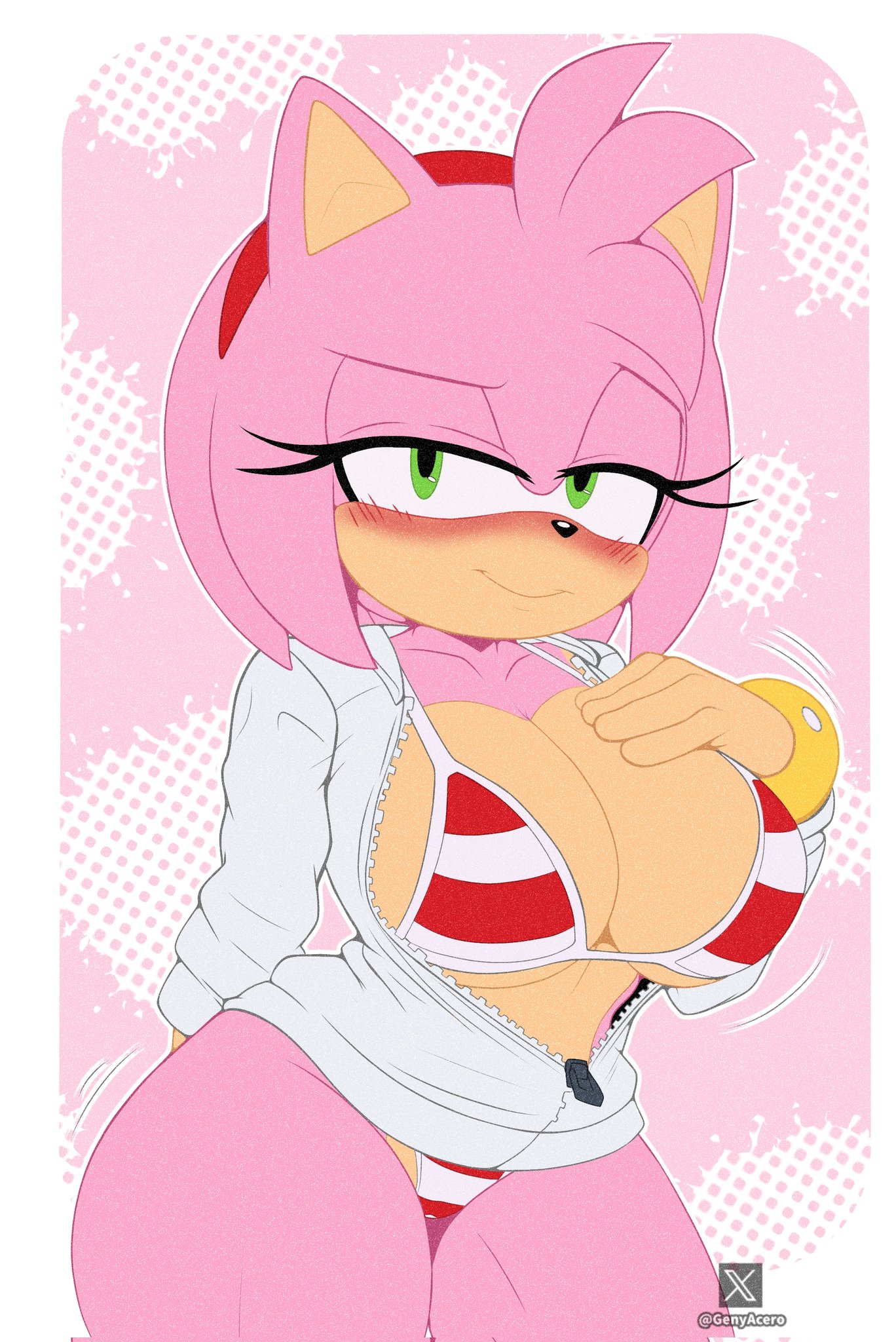 1girls, 2d, 2d (artwork), 2d artwork, amy rose, big ass, big boobies, big booty, big breasts, big thighs, blush, blushing at viewer, bracelet, genyacero, green eyes, hand on breast, hand on own chest, pink fur, pink hair, sega, sonic (series), sonic the hedgehog (series), swimsuit, tagme, thick thighs, wide hips, wide thighs