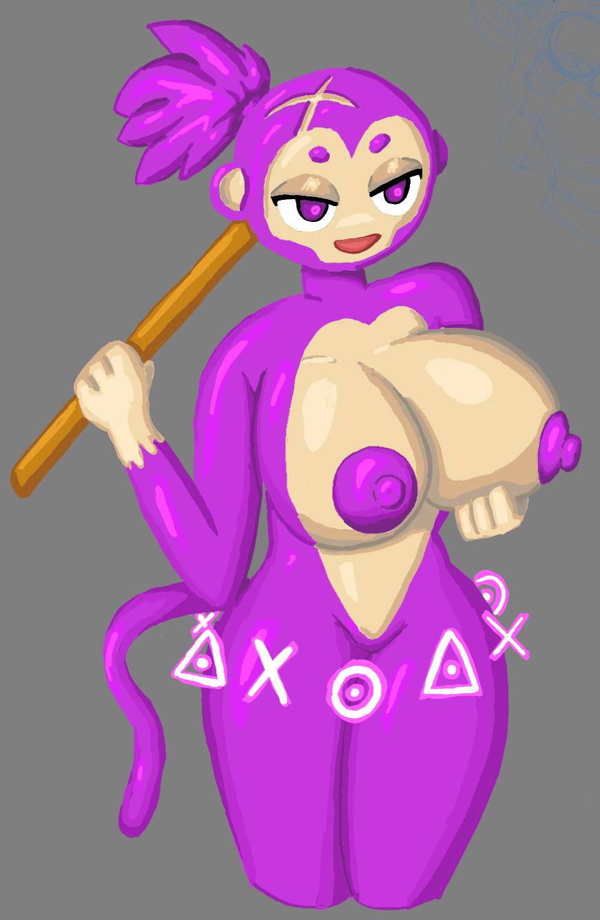 anthro bloons_td_6 bloons_tower_defense boobamaster breast_grab breasts ezili female female_only mammal monkey monkey_girl nipples primate purple_body purple_eyes purple_fur solo solo_female