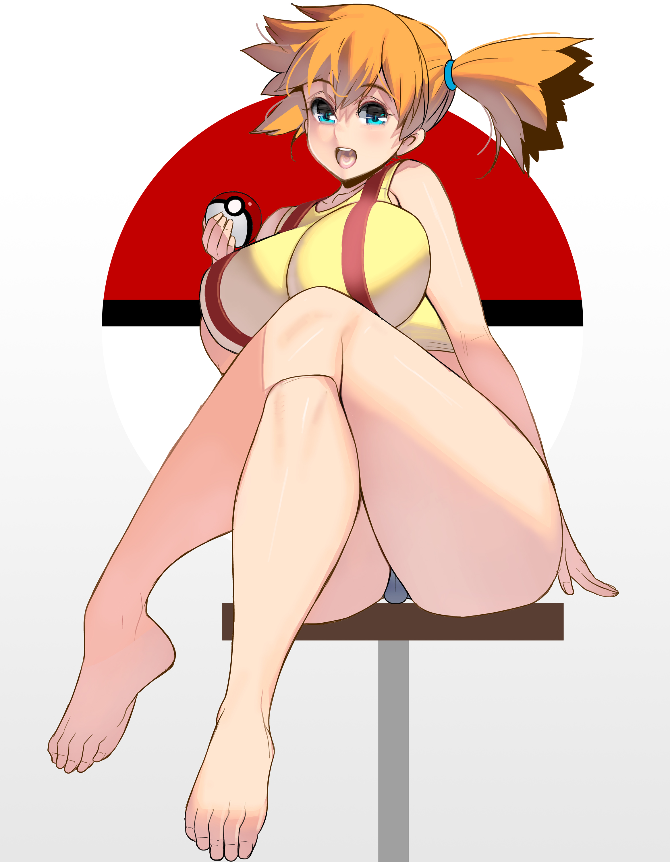 alternate breast size, alternative bust size, aqua eyes, asymmetrical hair, bare arms, bare legs, bare shoulders, blue eyes, blush, breasts, clothing, crossed legs, curvaceous, denim, denim shorts, female, female only, game freak, hair between eyes, high resolution, holding poke ball, huge breasts, human only, kasumi (pokemon), large breasts, legs, looking at viewer, masao, misty (pokemon), nintendo, open mouth, orange hair, poke ball, pokemon, pokemon (anime), pokemon (classic anime), pokemon (game), ponytail, shiny, shiny hair, shiny skin, shirt, short hair, short ponytail, short shorts, shorts, side ponytail, simple background, sleeveless, sleeveless shirt, smile, solo, standing, suspenders, tank top, thick, thick thighs, thighs, tied hair, very high resolution, wide hips, yellow shirt
