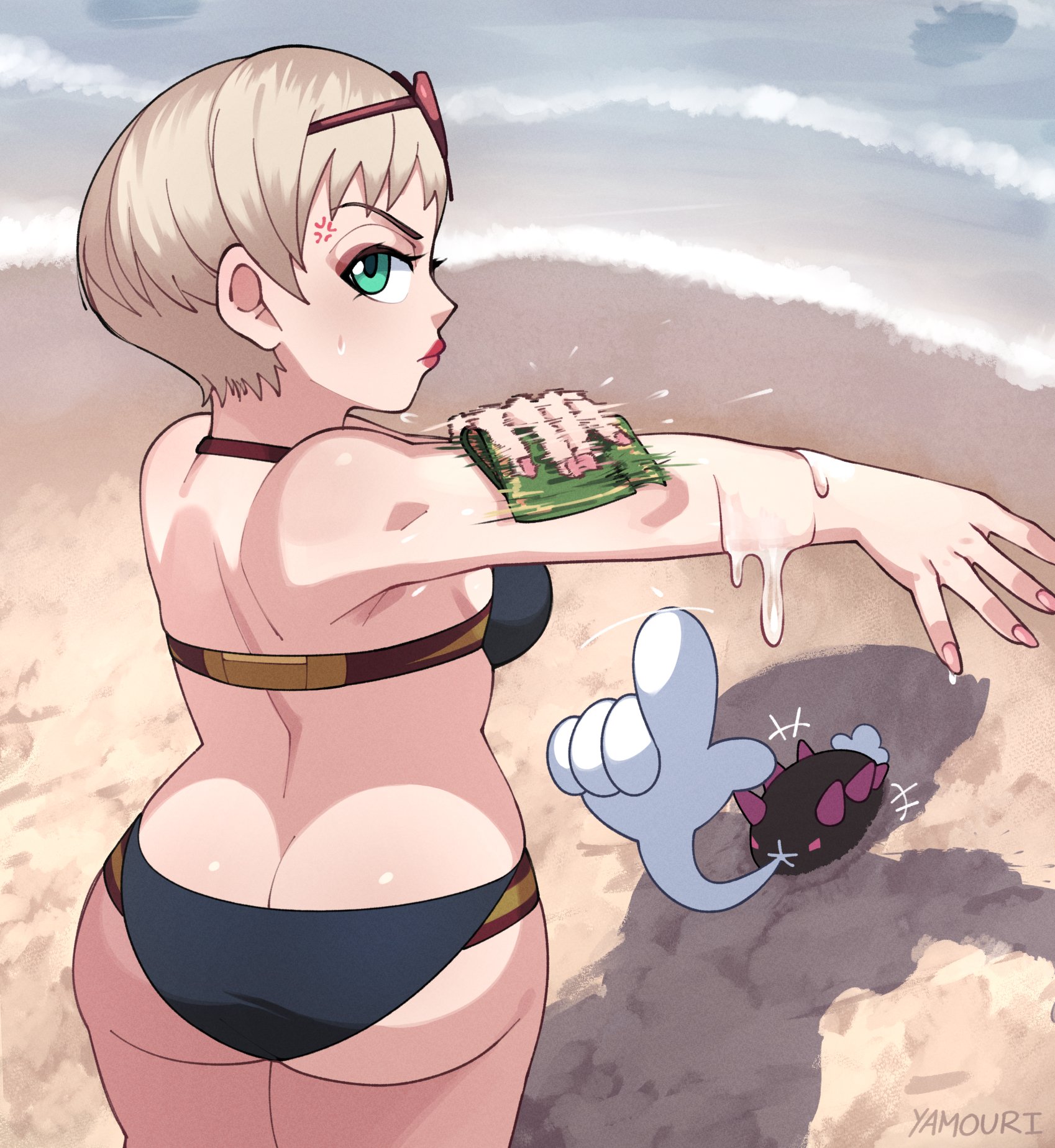 1girls, anger vein, angry, annoyed, annoyed expression, ass, ass cleavage, ass focus, back, back view, bare shoulders, beach, big ass, big butt, bikini, black bikini, blonde hair, breasts, butt crack, cloth, creatures (company), curvaceous, curvy, curvy female, curvy figure, day, daytime, female, female focus, female only, gamefreak, green eyes, hi res, high resolution, highres, large ass, light skin, light-skinned female, lipstick, nintendo, npc trainer, ocean, outdoors, outside, pokemon, pokemon sm, pokemon usm, pyukumuku, rear view, red lipstick, sand, short hair, sideboob, solo, solo female, solo focus, sunglasses, sunglasses on head, swimmer (pokemon sm), swimmer (pokemon), tagme, thick thighs, thighs, viewed from behind, voluptuous, voluptuous female, washcloth, water, wet, wet body, wet skin, yamouri