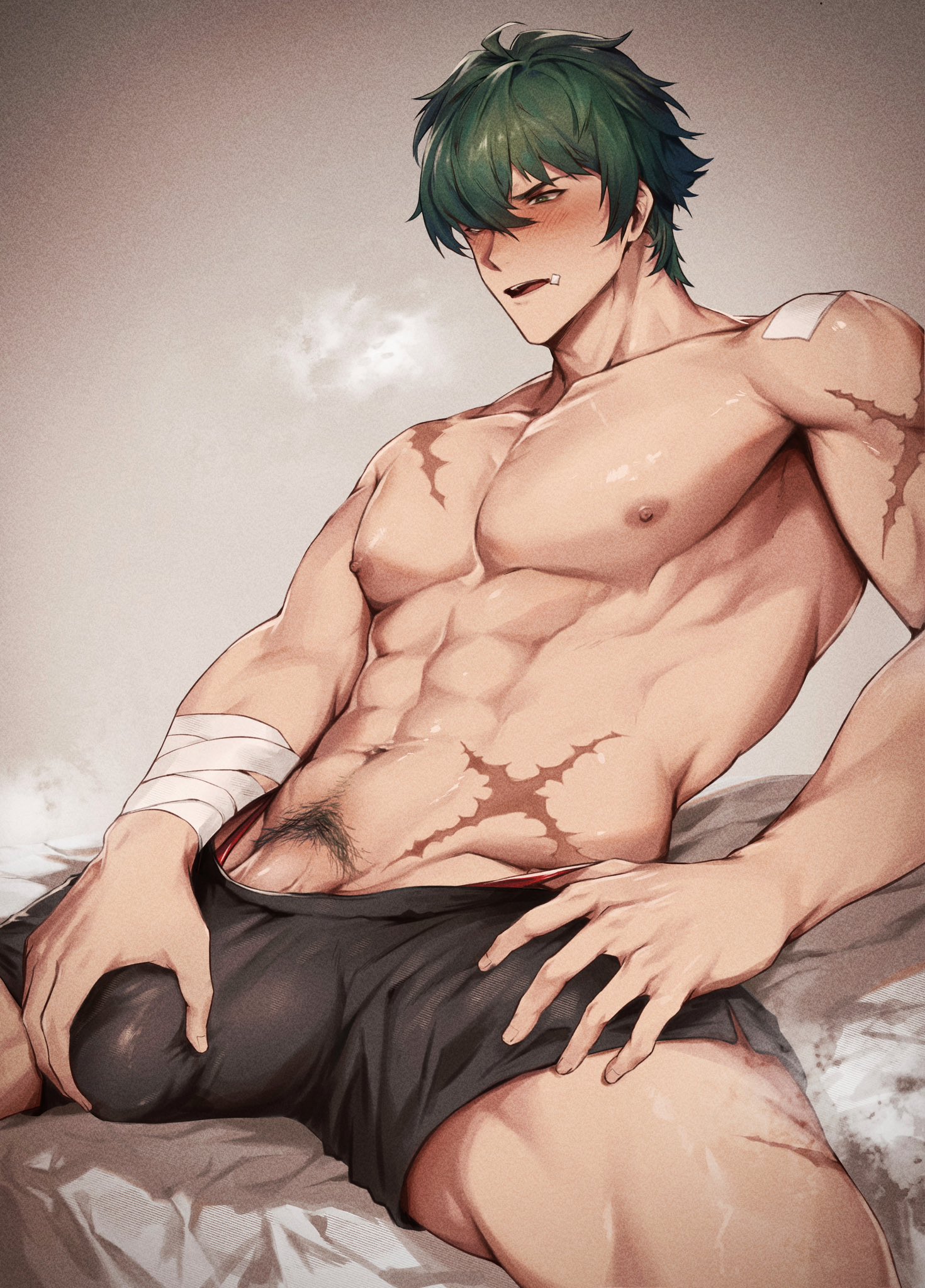 1boy, abs, aroused, bandage, big penis, blush, color, gay, gay male, groping self, lighter (zenless zone zero), male, male only, muscles, muscular, muscular male, musk, musk clouds, penis, pubes, pubic hair, scar, sweat, touching penis, touching self, ts uster, yaoi, zenless zone zero