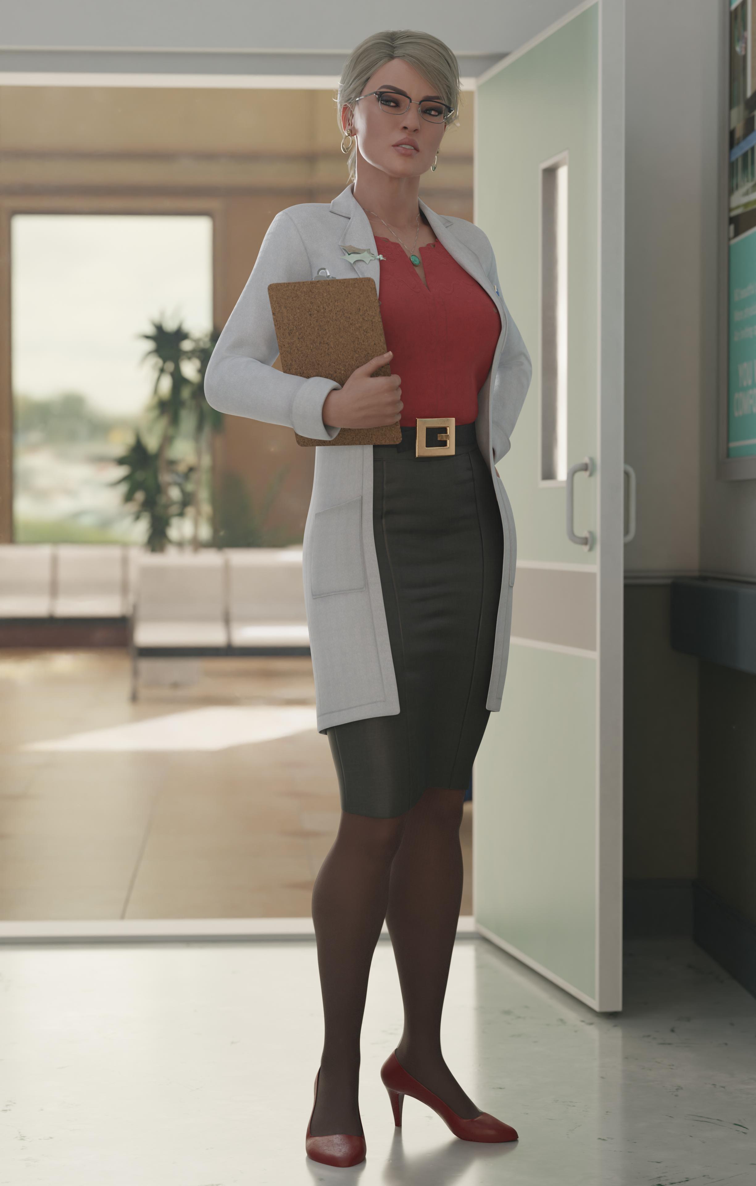 1girls, 3d, 3d (artwork), batman (series), batman: arkham origins, belt, belt buckle, blonde hair, blue eyes, busty, clipboard, clothed, clothed female, dc, dc comics, dinoboy555, doctor, dr. harleen quinzel, earrings, female, female only, fully clothed, glasses, harleen quinzel, high heels, hospital, hourglass figure, labcoat, long hair, necklace, non-nude, pencil skirt, pose, posing, pumps, room in background, solo, tagme, tight skirt, waiting, waitngroom, wide hips