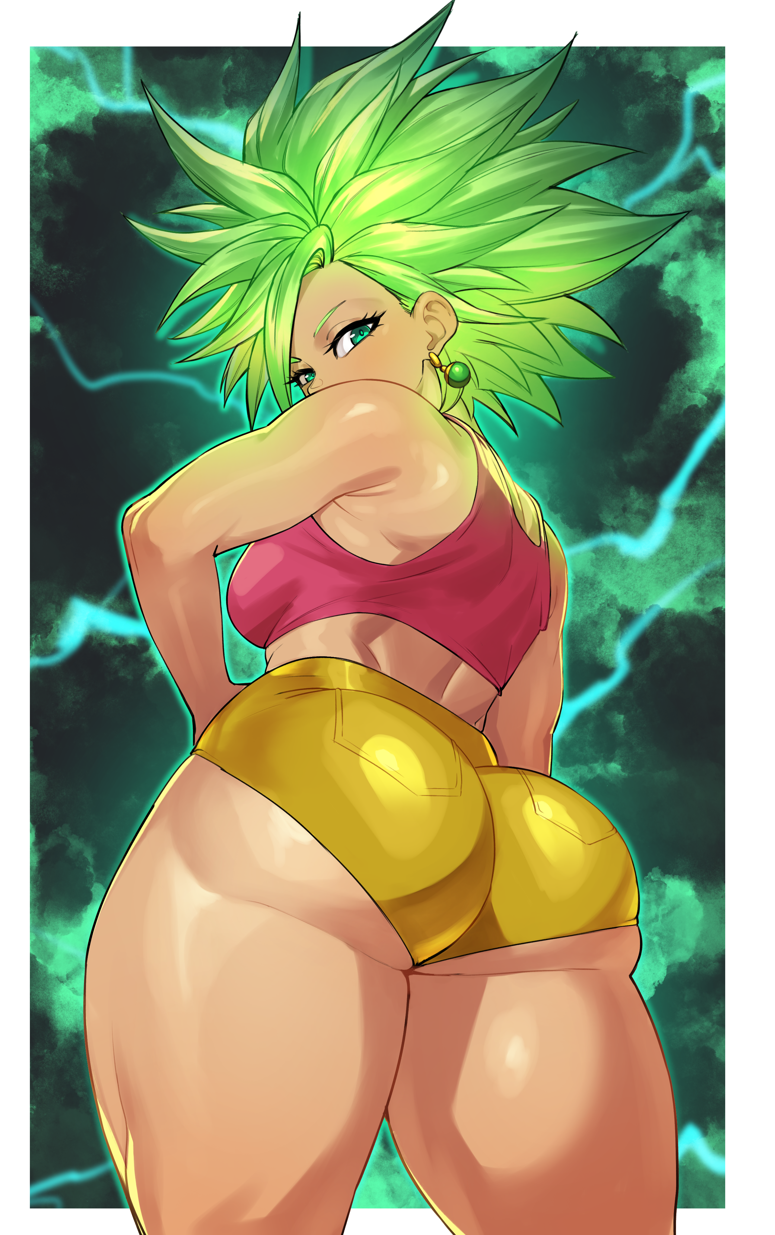 1girls, alternate version at source, alternate version available, ass, backboob, big ass, bottomwear, breasts, bubble ass, bubble butt, clothing, crop top, dragon ball, dragon ball super, drakkaiart, ear piercing, earrings, female, female only, green eyes, green hair, hand on hip, huge ass, kefla, legendary super saiyan, legs, looking back, red crop top, shorts, solo, solo female, spiky hair, super saiyan, super saiyan 2, thick thighs, thighs, topwear, tournament of power, yellow shorts