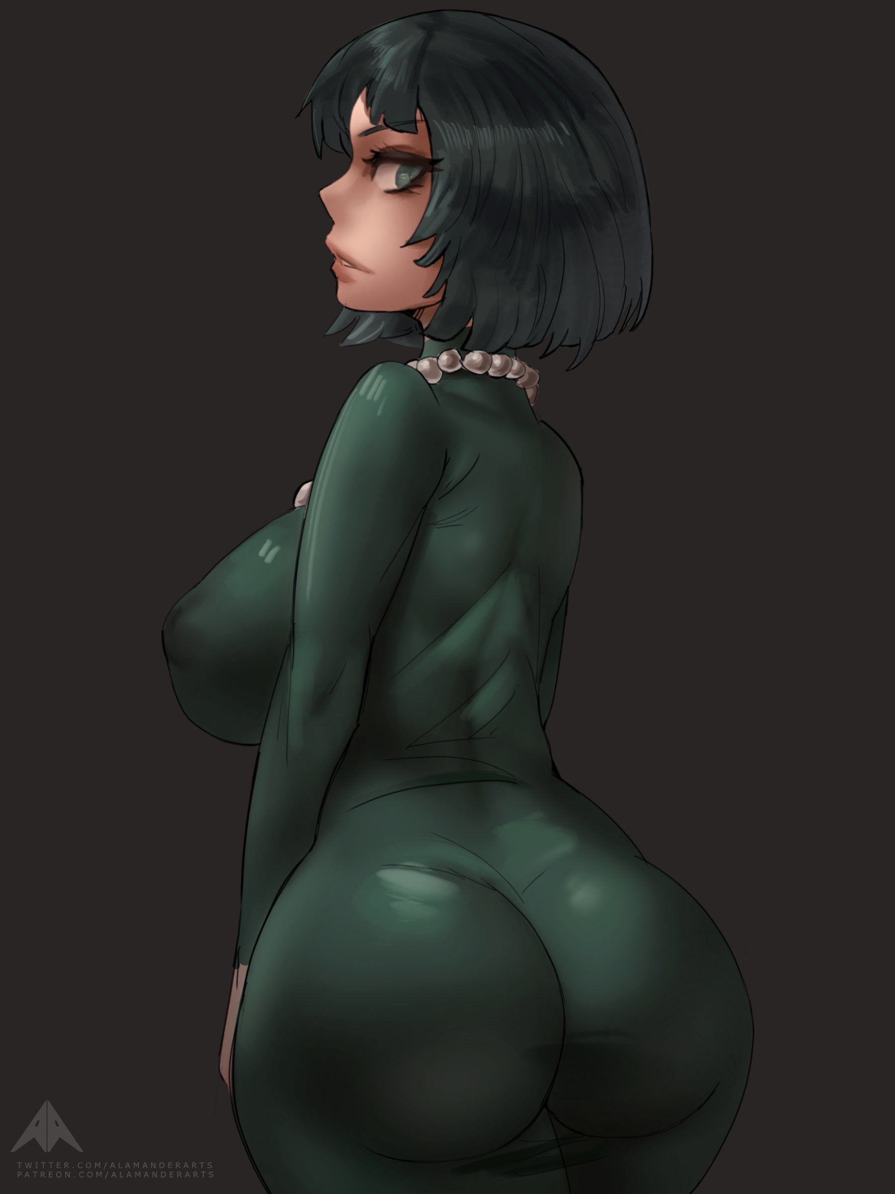 1girls, 2022, alamanderarts, ass, ass in dress, big ass, big breasts, breasts, eye contact, female, fubuki (one-punch man), green eyes, looking at viewer, looking back, one-punch man, short hair, solo, standing, thick thighs, tight clothing