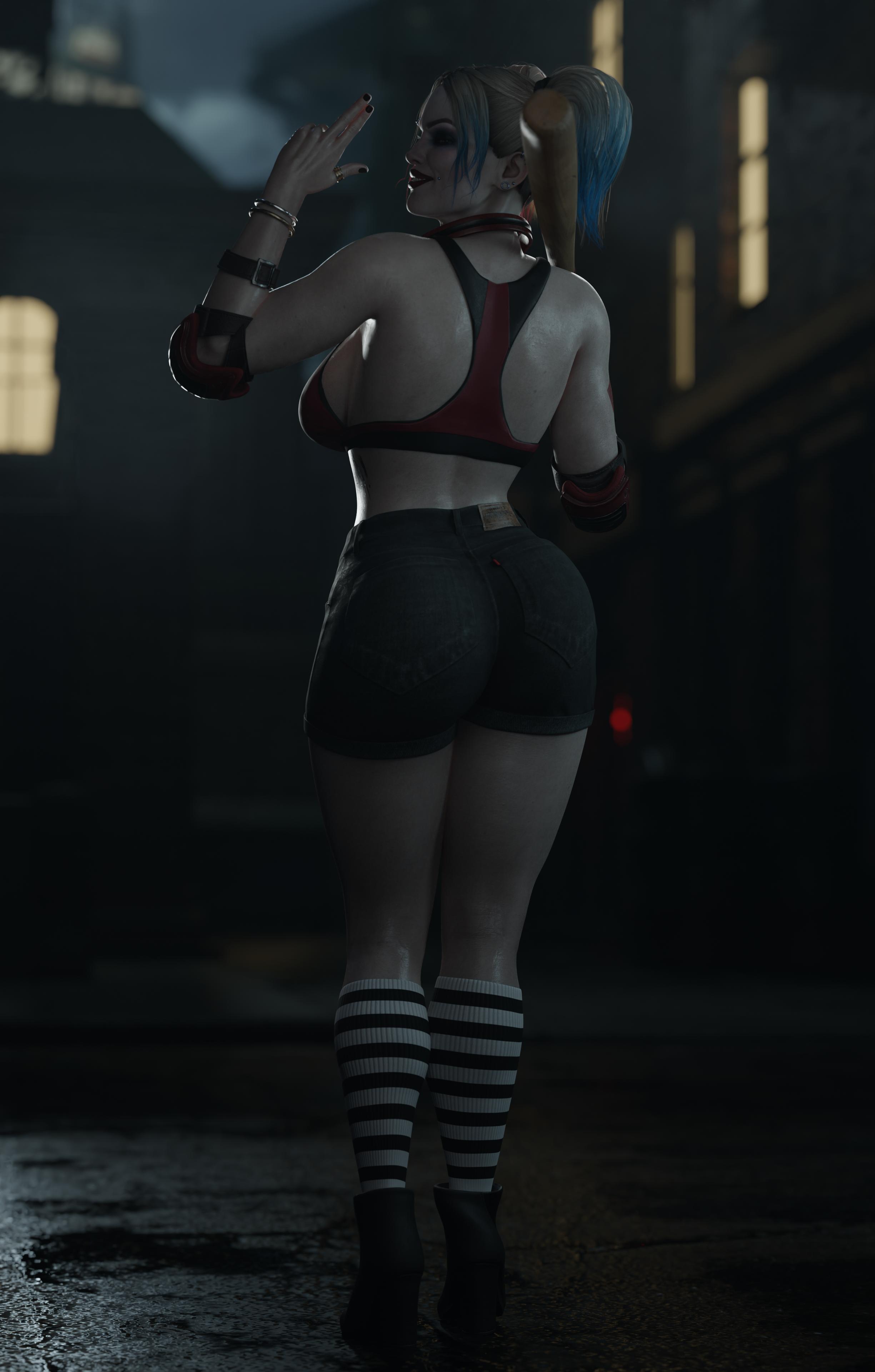 1girls, 3d, athletic, athletic female, back view, baseball bat, batman (series), blonde hair, blue eyes, boots, breasts, busty, dc, dc comics, dinoboy555, female, female only, fully clothed, harley quinn, harley quinn (injustice), hourglass figure, injustice 2, jean shorts, long hair, looking back, midriff, muscular, muscular female, piercings, pose, posing, rear view, solo, striped socks, sweat, tagme, wide hips