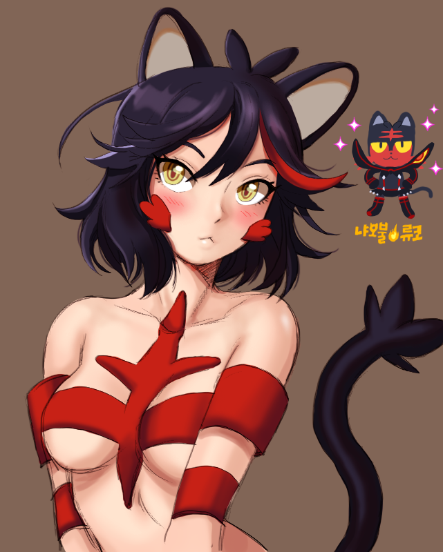 1girls :< alternative_eye_color amber_eyes black_hair blush breasts brown_background cat_ears cat_eyes cat_tail catgirl cosplay covered_breasts crossover crossover_cosplay female game_freak kill_la_kill kkangdid litten litten_(cosplay) looking_at_viewer matoi_ryuuko nekomimi nintendo pokemon pokemon_(cosplay) pokemon_sm red_highlights solo_focus studio_trigger vertical_pupils yellow_eyes