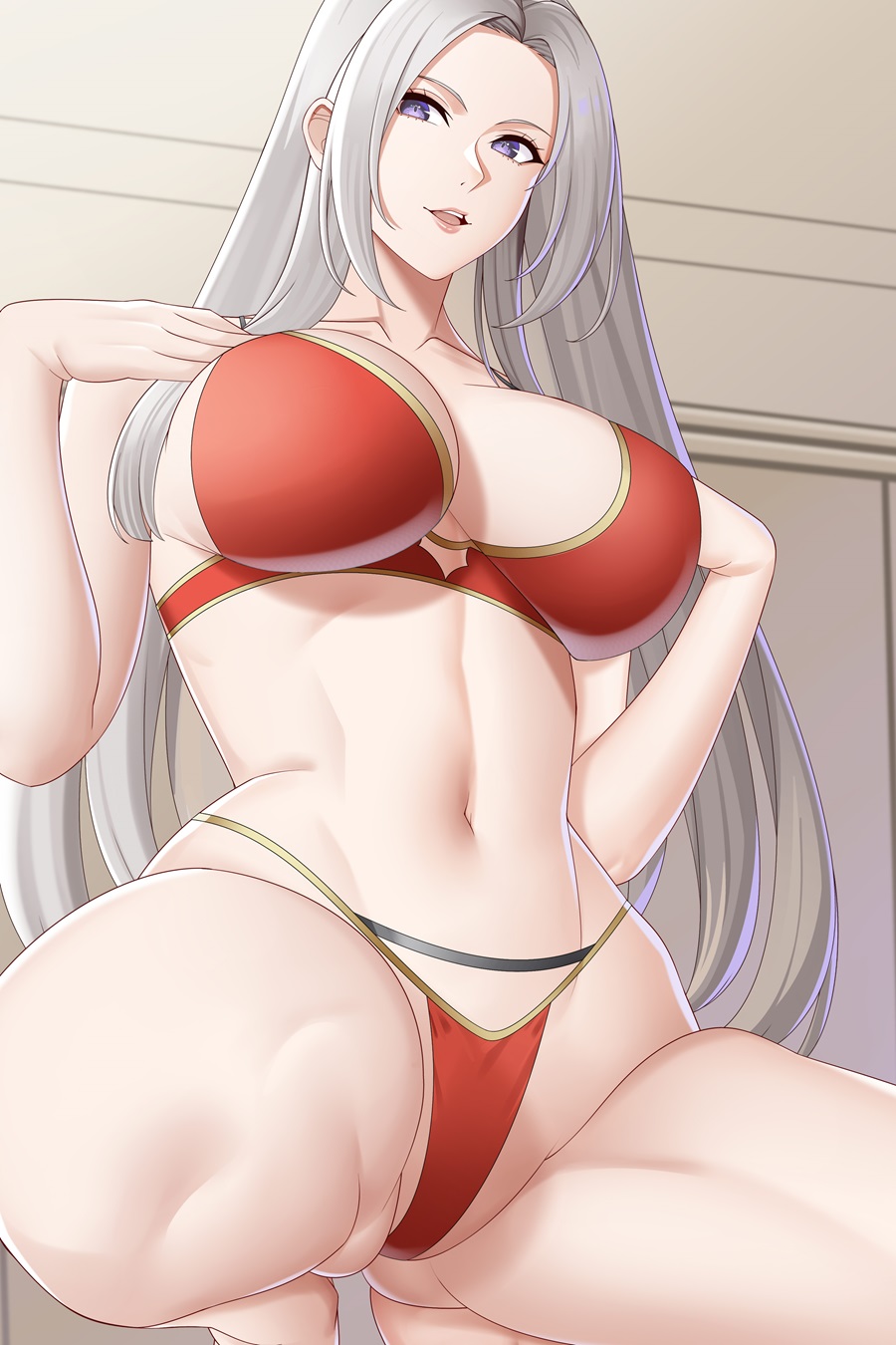 1girls aslind_samure aslindsamure bare_legs big_breasts bikini cleavage edelgard_von_hresvelg fire_emblem fire_emblem:_three_houses nintendo pin_up purple_eyes silver_hair