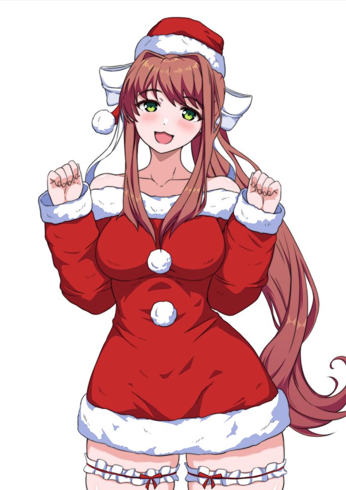 1girls 2024 anime_style brown_hair christmas christmas_clothing christmas_hat christmas_outfit color doki_doki_literature_club dzombi1_(artist) female female_only green_eyes human looking_at_viewer merry_christmas monika_(doki_doki_literature_club) open_mouth ponytail smile smiling_at_viewer solo solo_female thick_thighs thighhighs white_bow wide_hips