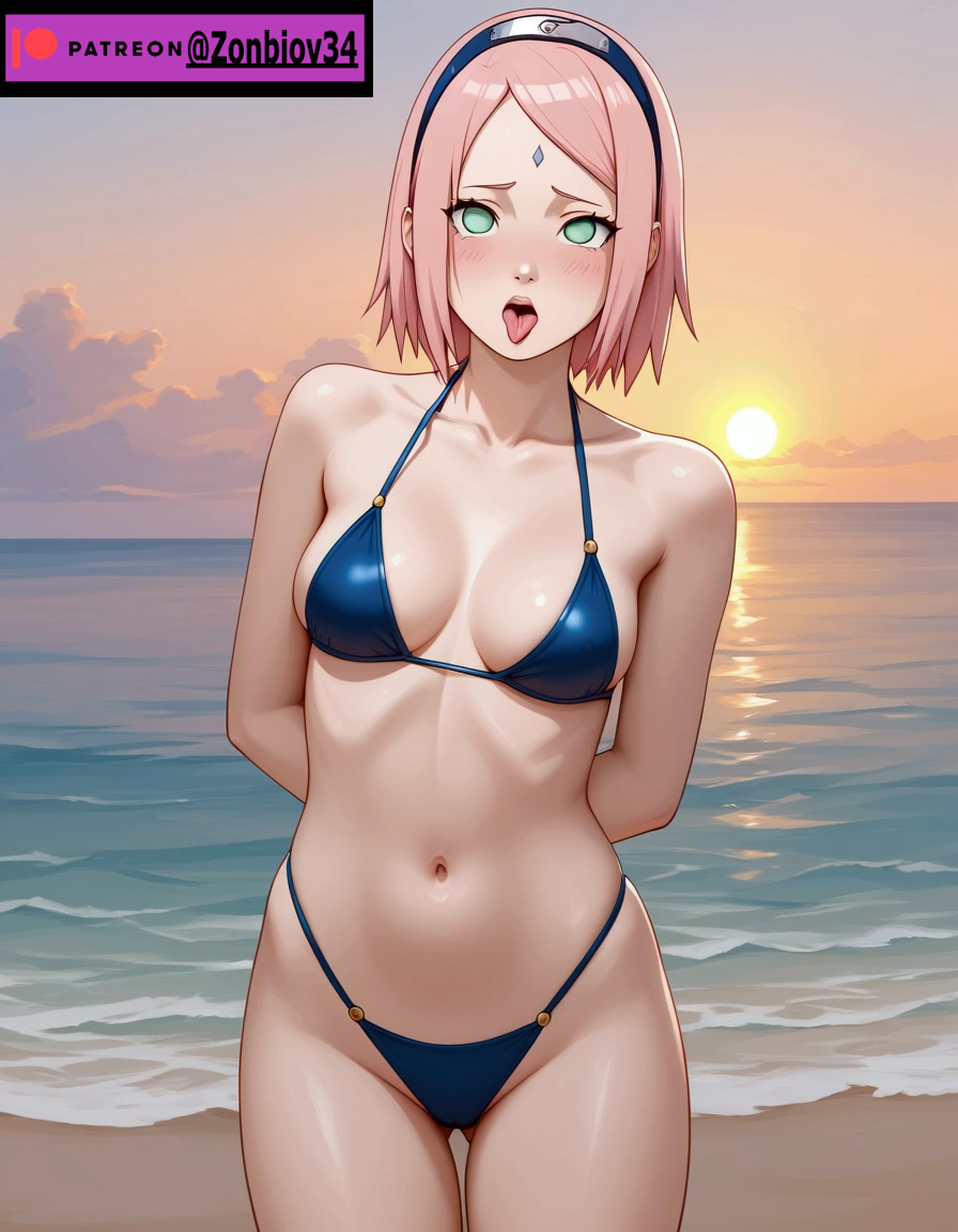 1girls ai_generated beach female female_only naruto naruto_(series) naruto_shippuden sakura_haruno seaside short_hair solo_female swimsuit tagme zonbiov34