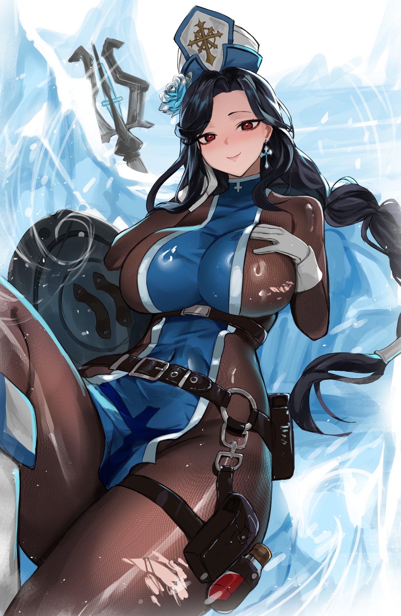 arm_shield belt black_belt black_hair bodystocking braid braided_ponytail breasts closed_mouth commentary cross cross_earrings earrings english_commentary female goddess_of_victory:_nikke hat highres hirosenpai ice ice_flower jewelry large_breasts long_hair mace maiden_(ice_rose)_(nikke) maiden_(nikke) o-ring parted_bangs pelvic_curtain pouch red_eyes shield smile thigh_pouch torn_bodystocking torn_clothes underbust weapon white_footwear