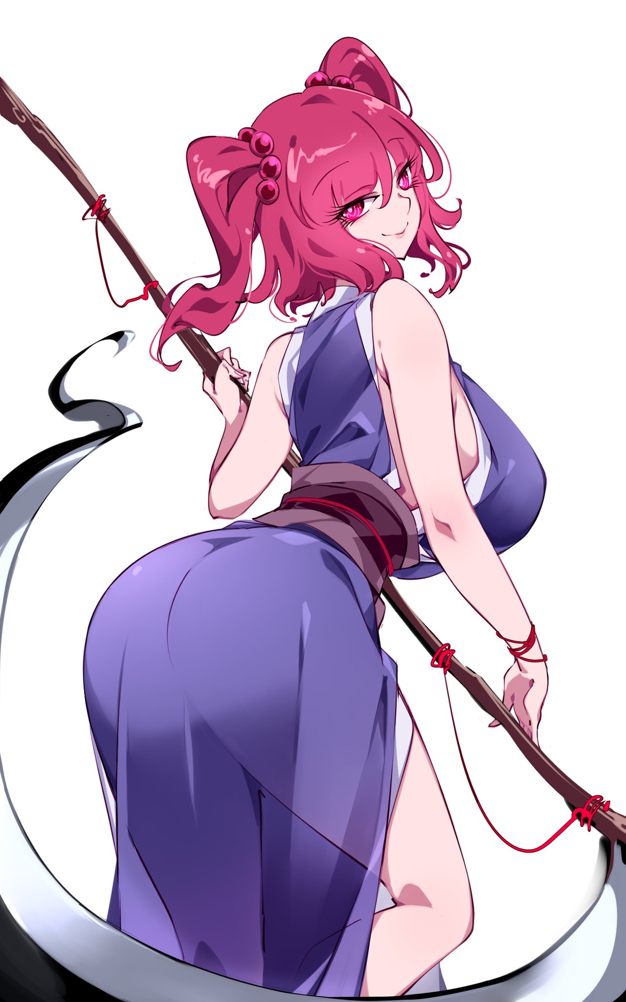 1girls ass big_breasts breasts clothed_female komachi_onozuka light-skinned_female raptor7 red_eyes red_hair scythe shinigami sideboob solo solo_female thick_thighs thighs touhou twintails white_background