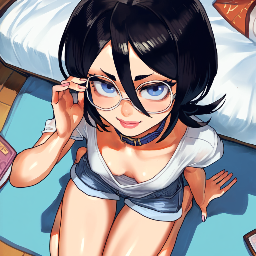 ai_generated black_hair bleach breasts cleavage kuchiki_rukia looking_at_viewer looking_up small_breasts smile standing viewed_from_above