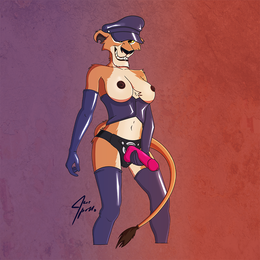 2022 anthro black_nipples black_nose breasts chest_tuft clothing dildo disney dominant dominant_female dominatrix felid female hat headgear headwear jace_apollo latex lion mammal nipples pantherine sex_toy simple_background smile solo strapon teeth the_lion_king tuft zira