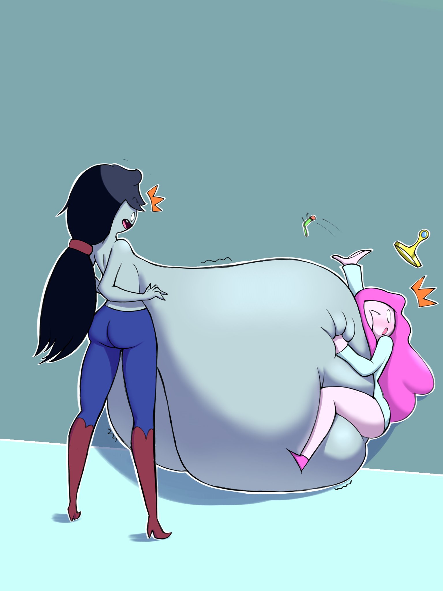 2d, 2girls, adventure time, against wall, areola bulge, areolae, ass, big areola, big ass, big breasts, bonnibel bubblegum, boobs, boobs bigger than head, boots, breast expansion, breast growth, breast size difference, breast squish, breasts, breasts bigger than body, breasts bigger than head, breasts bigger than torso, breasts out, color, crown, crush, expansion, experiment, eyedropper, female, female only, gigantic breasts, growth potion, holding breast, huge ass, huge breasts, hugging, hugging breasts, hyper breasts, labcoat, marceline, massive breasts, megamor, nipples, pinned, pinned to wall, potion, princess, princess bubblegum, shocked, simple background, smack, surprised, thighs, tits, tits bigger than head, topless, vampire, yuri