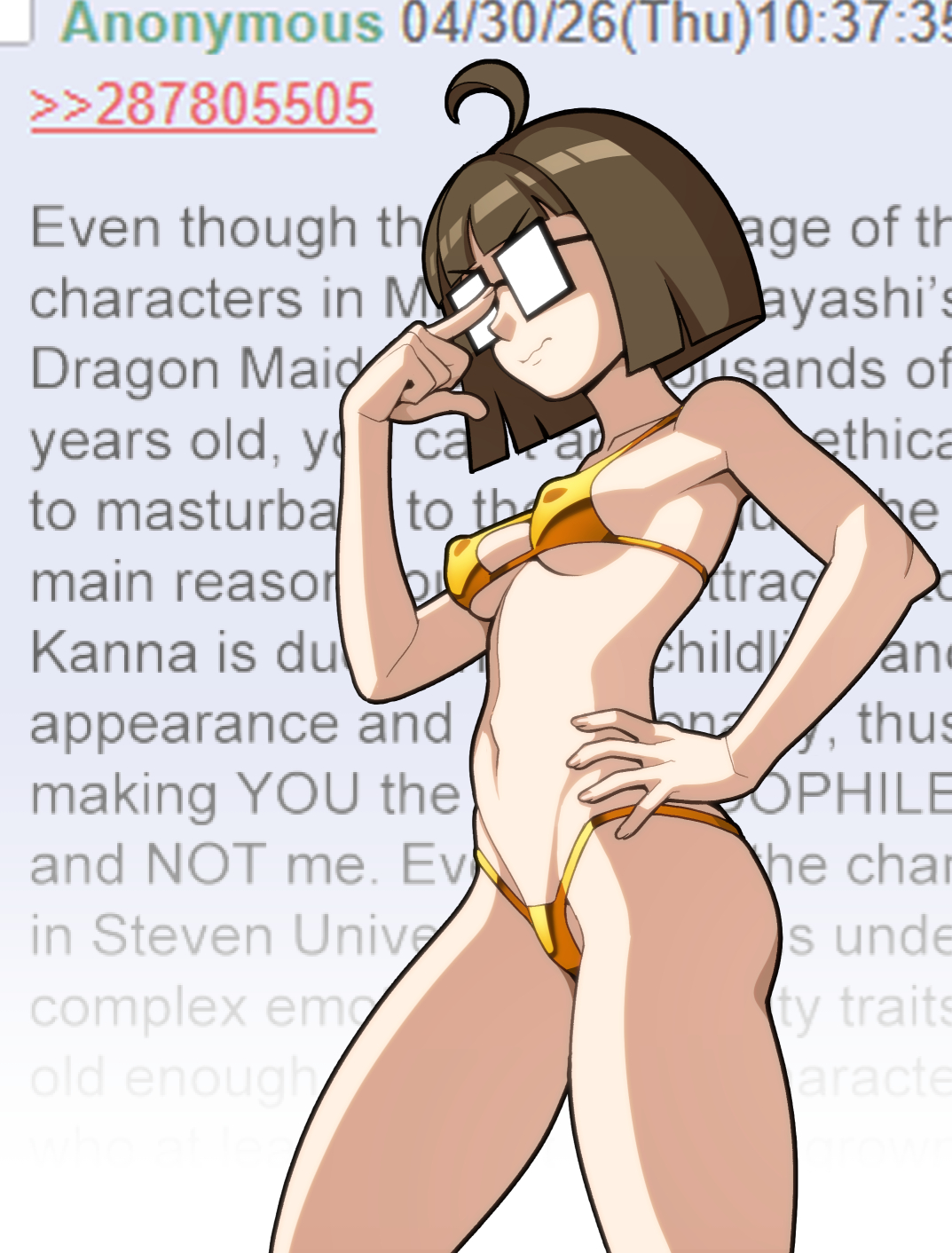 1girl, 1girls, 2026, 4chan, ahoge, angry, annoyed, bikini, bikini bottom, bikini top, brown hair, brunette, brunette female, brunette hair, brunette-haired female, erotibot, ethicalgooner2007 (kryptraider), eyes not visible, glasses, glasses shine, gold (metal), gold bikini, golden bikini, hand on glasses, hand on hip, hand on waist, meme, meme attire, meme clothing, nerd, nerdy, no visible eyes, opaque glasses, pale, pale skin, pale skinned female, pale-skin, pale-skinned female, petite, petite body, petite female, ribs, short hair, skinny, skinny female, skinny girl, solo, solo female, solo focus, square glasses, standing, text, unseen eyes