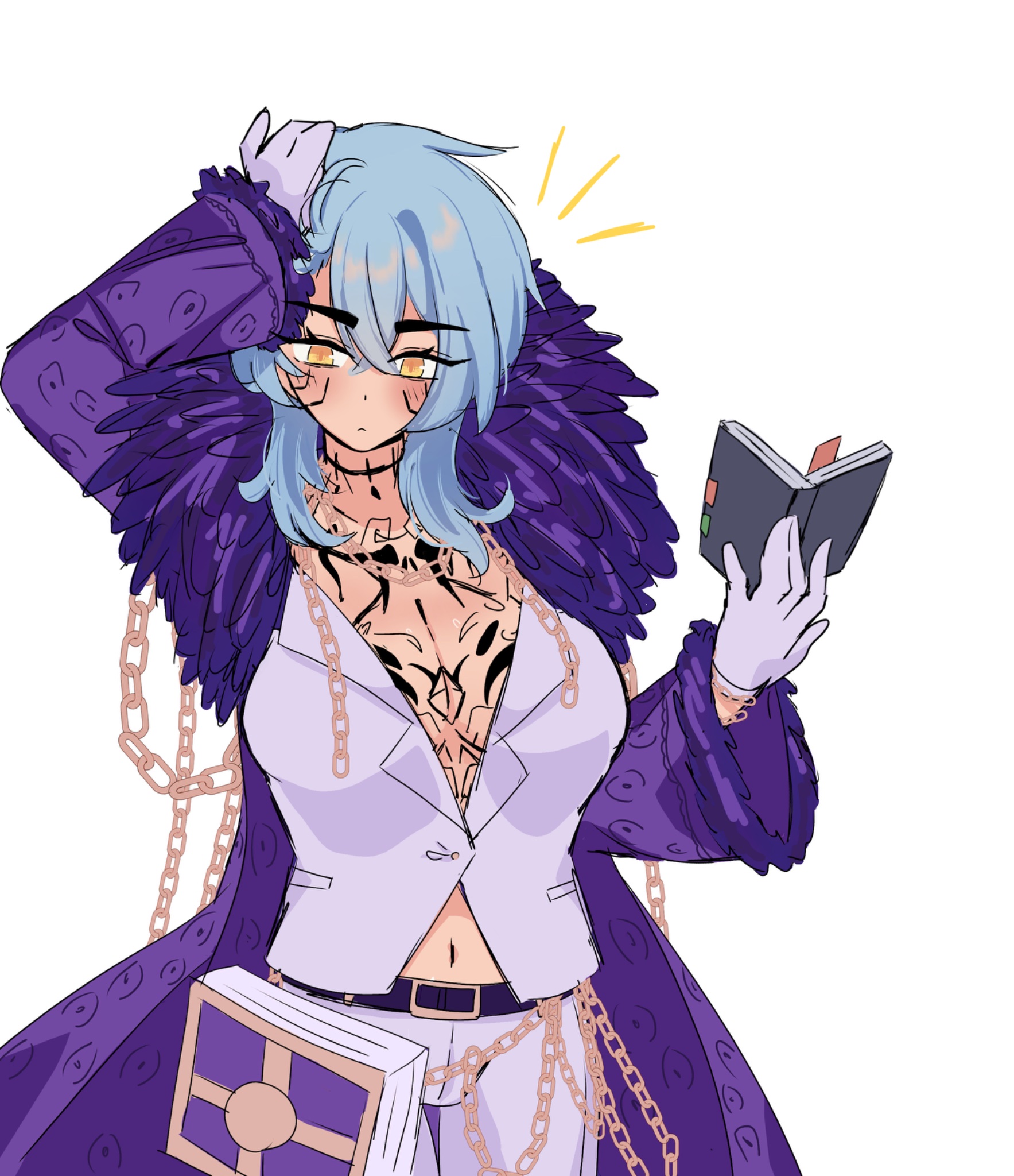 1girl, 1girls, angela (library of ruina), angela (lobotomy corporation), belly, belly button, big breasts, blue hair, book, breast tattoo, breasts, camel toe, cameltoe, chain, chained, chained wrists, chains, cleavage, female, female focus, female only, library of ruina, lobotomy corporation, project moon, rolangelas, solo, solo female, solo focus, tagme, tattoo, tattoo on breast, tattoo on chest, tattoo on face, tattooed female, tattoos, tattoos everywhere, the middle (identity) (project moon), unbuttoned, unbuttoned shirt, yellow eyes