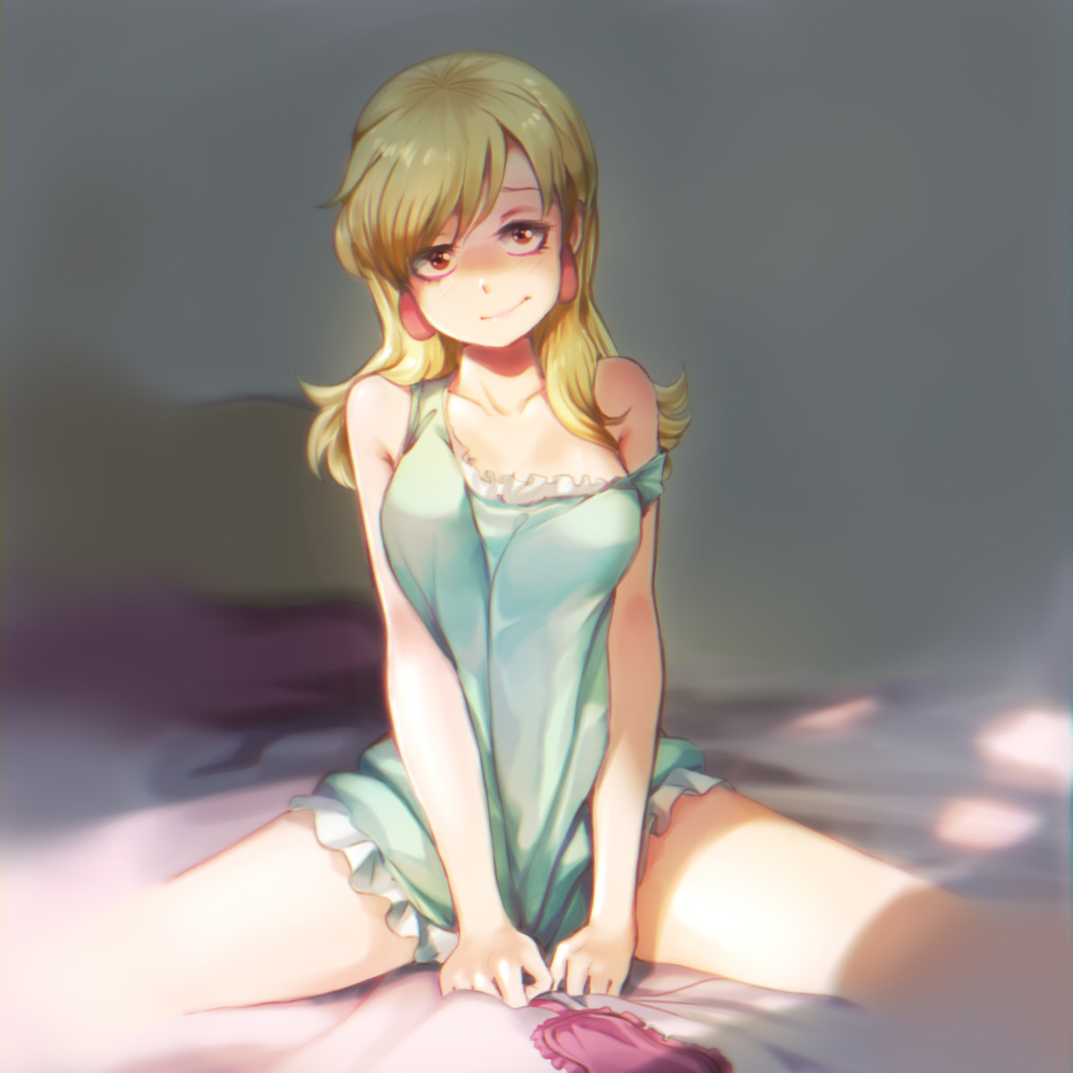 1girls, bed, blonde hair, breasts, clothed, clothing, earrings, female, female focus, female only, jcm2, large breasts, leni loud, solo, solo female, straight hair, teenage female, teenager, the loud house, thighs, wariza