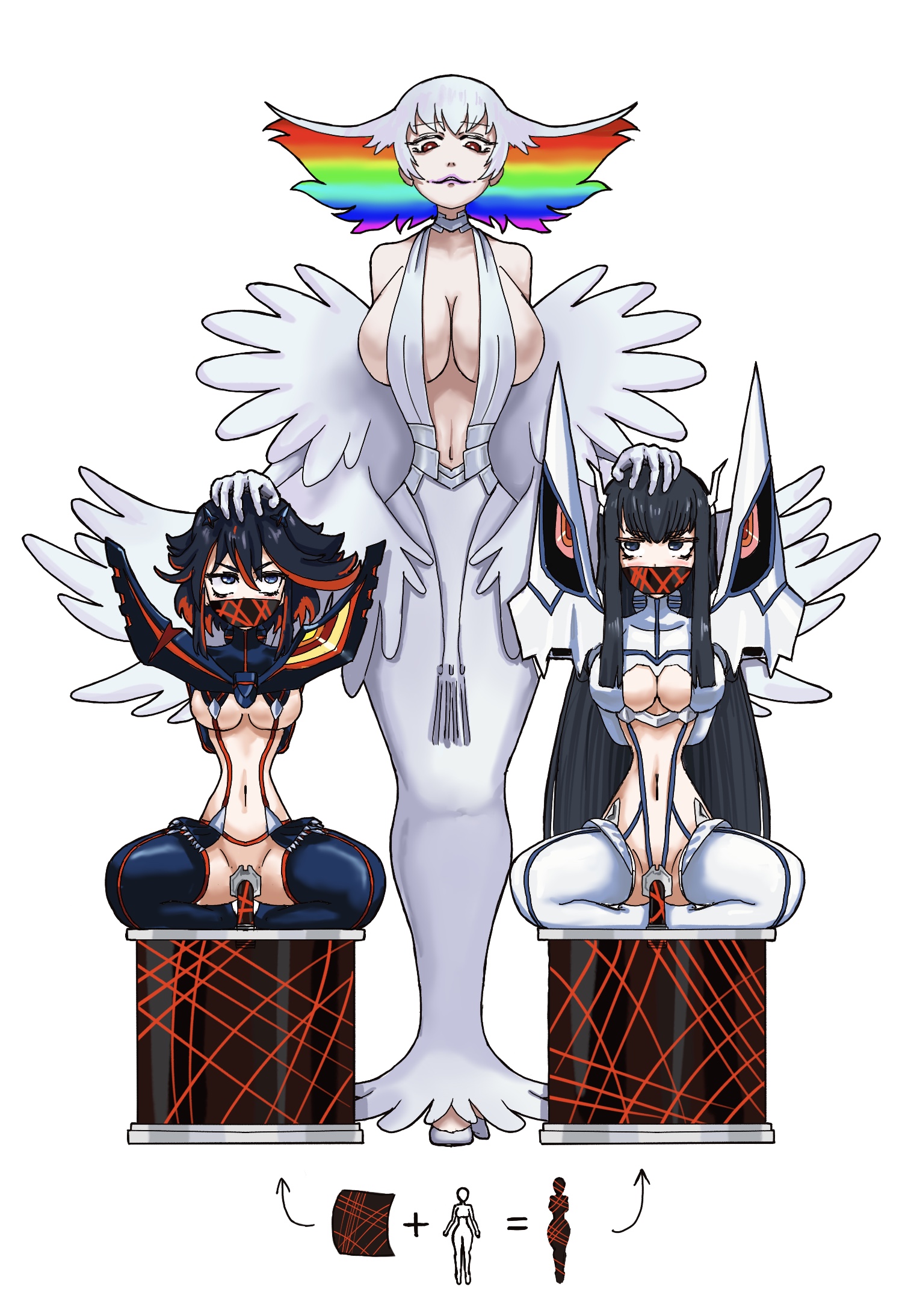 arms tied behind back, bad end, bdsm, big breasts, bondage, cleavage, defeated heroine, gag, gagged, junketsu, kill la kill, kiryuuin ragyou, kiryuuin satsuki, matoi ryuuko, mother and daughter, paa, senketsu, skimpy clothes, vaginal insertion, vaginal penetration